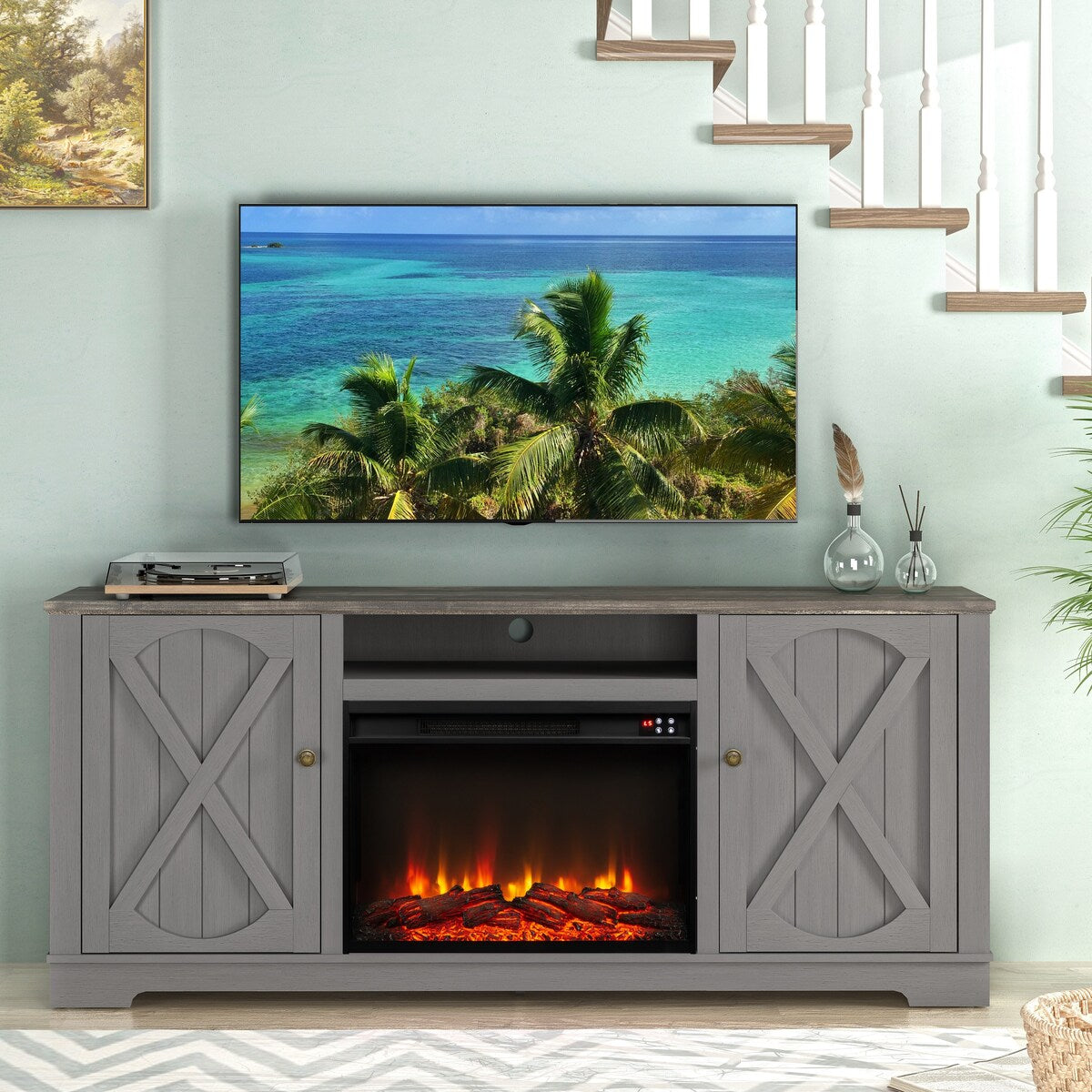 70" Farmhouse TV Stand with Fireplace, Fits up to 75" TV - 70"W x 30"H x 14.5"D