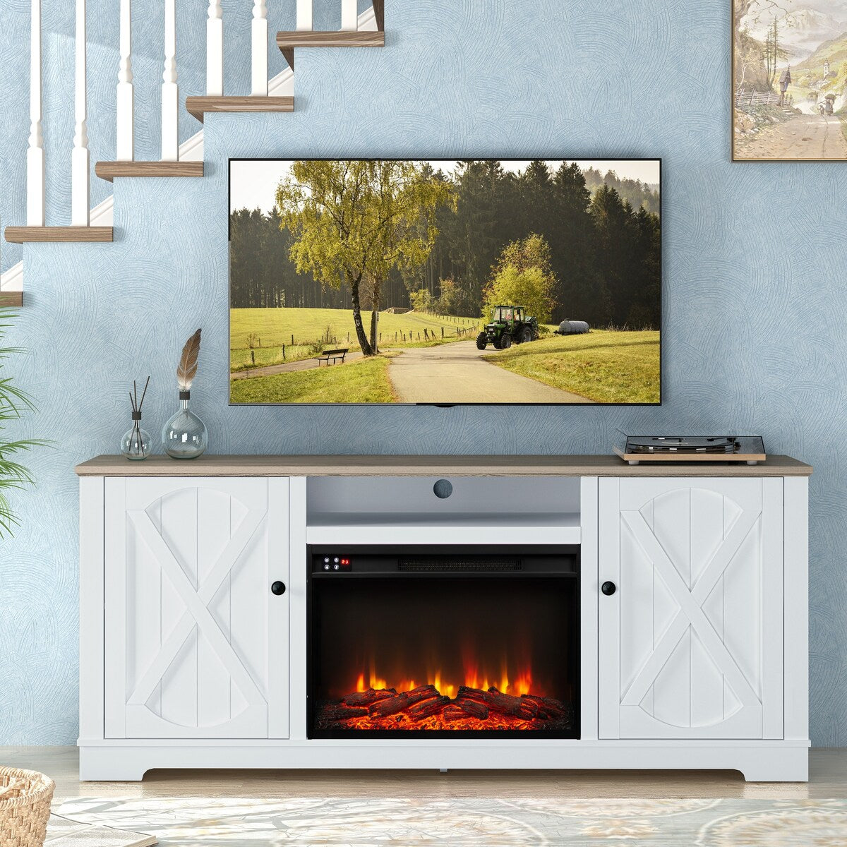 70" Farmhouse TV Stand with Fireplace, Fits up to 75" TV - 70"W x 30"H x 14.5"D