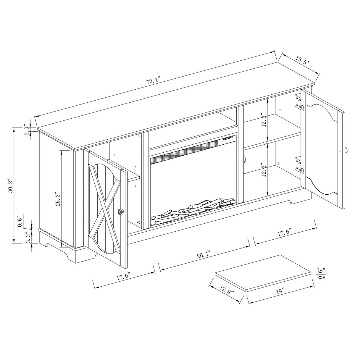 70" Farmhouse TV Stand with Fireplace, Fits up to 75" TV - 70"W x 30"H x 14.5"D