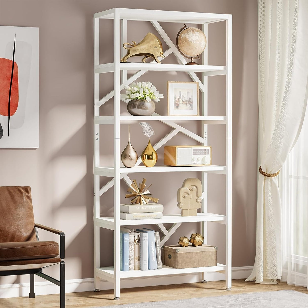 71 Inch Industrial Bookshelf, 6 Shelf Etagere Bookcase,Free Standing Open Book Shelves Storage Display Shelf