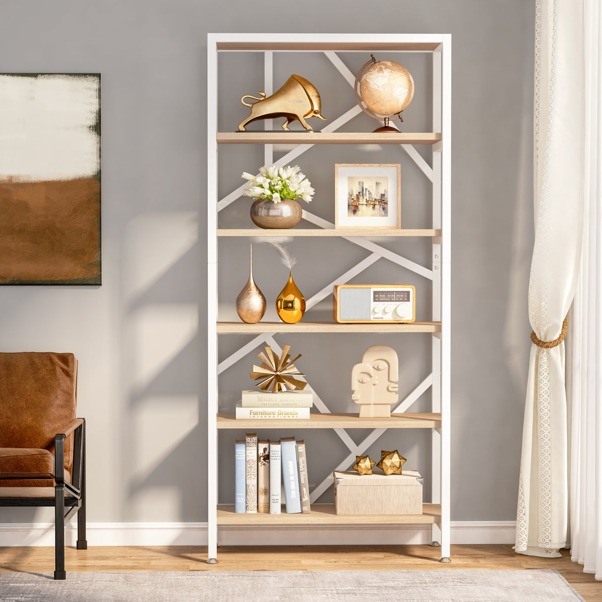 71 Inch Industrial Bookshelf, 6 Shelf Etagere Bookcase,Free Standing Open Book Shelves Storage Display Shelf