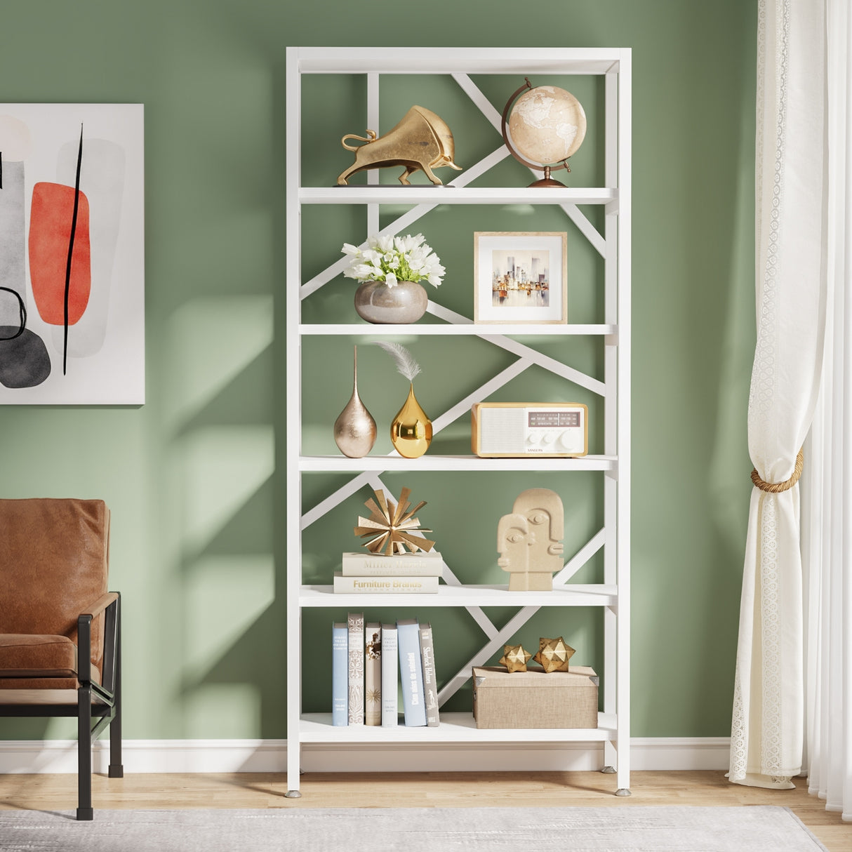 71 Inch Industrial Bookshelf, 6 Shelf Etagere Bookcase,Free Standing Open Book Shelves Storage Display Shelf