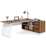 71 Inch Modern Executive Desk, L-Shaped Desk with Cabinet,Brown and White