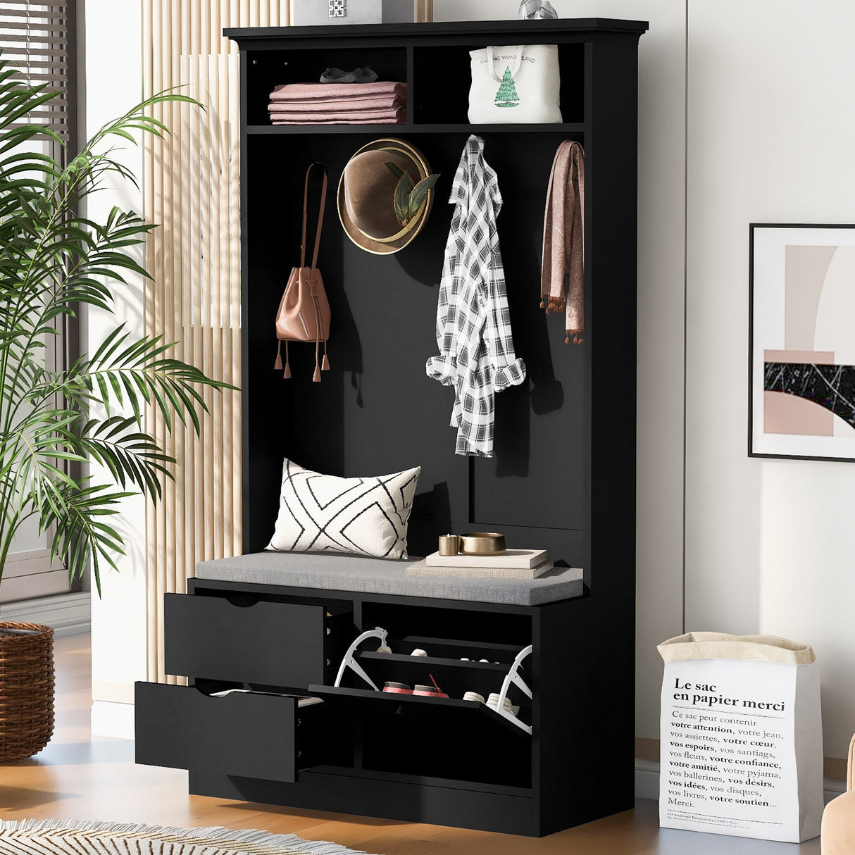 Wood Hall Tree Entryway Bench with Drawers and Double Hooks