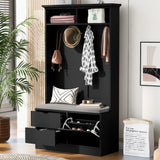Wood Hall Tree Entryway Bench with Drawers and Double Hooks