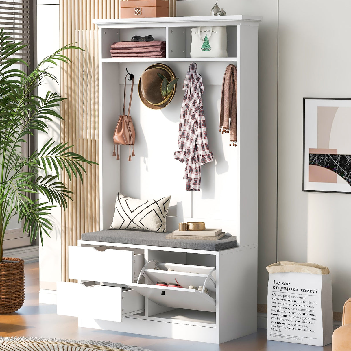 Wood Hall Tree Entryway Bench with Drawers and Double Hooks