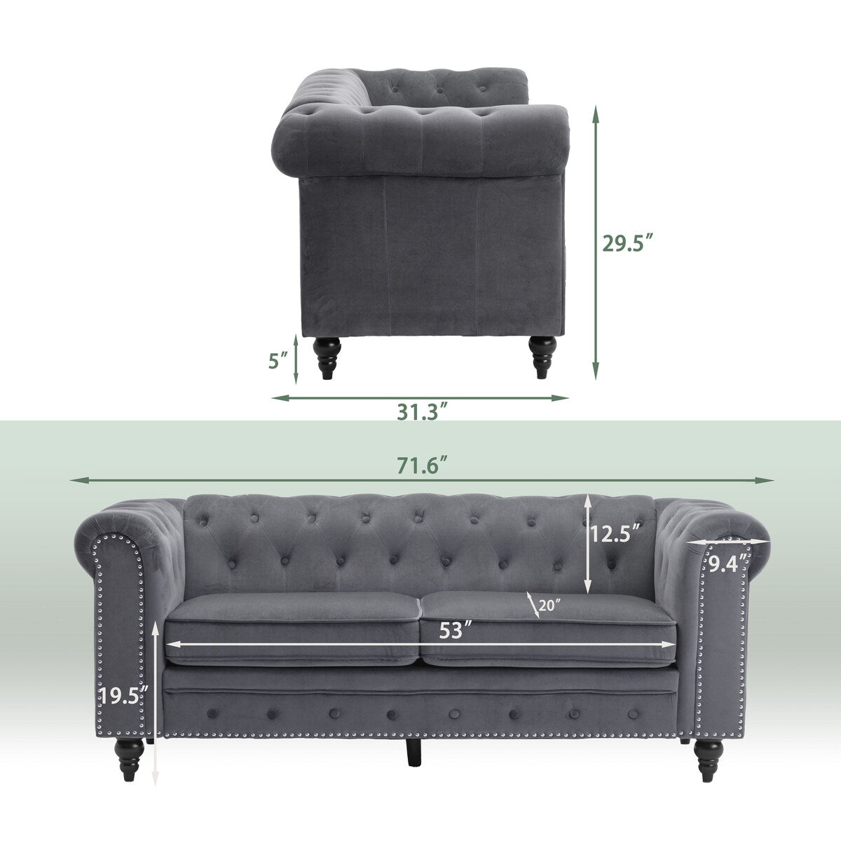 71.5" Velvet Rolled Arm Sofa for Living Room, Apartment, Office, With Tufted Nailheads Rolled Arm, Bench Sofa
