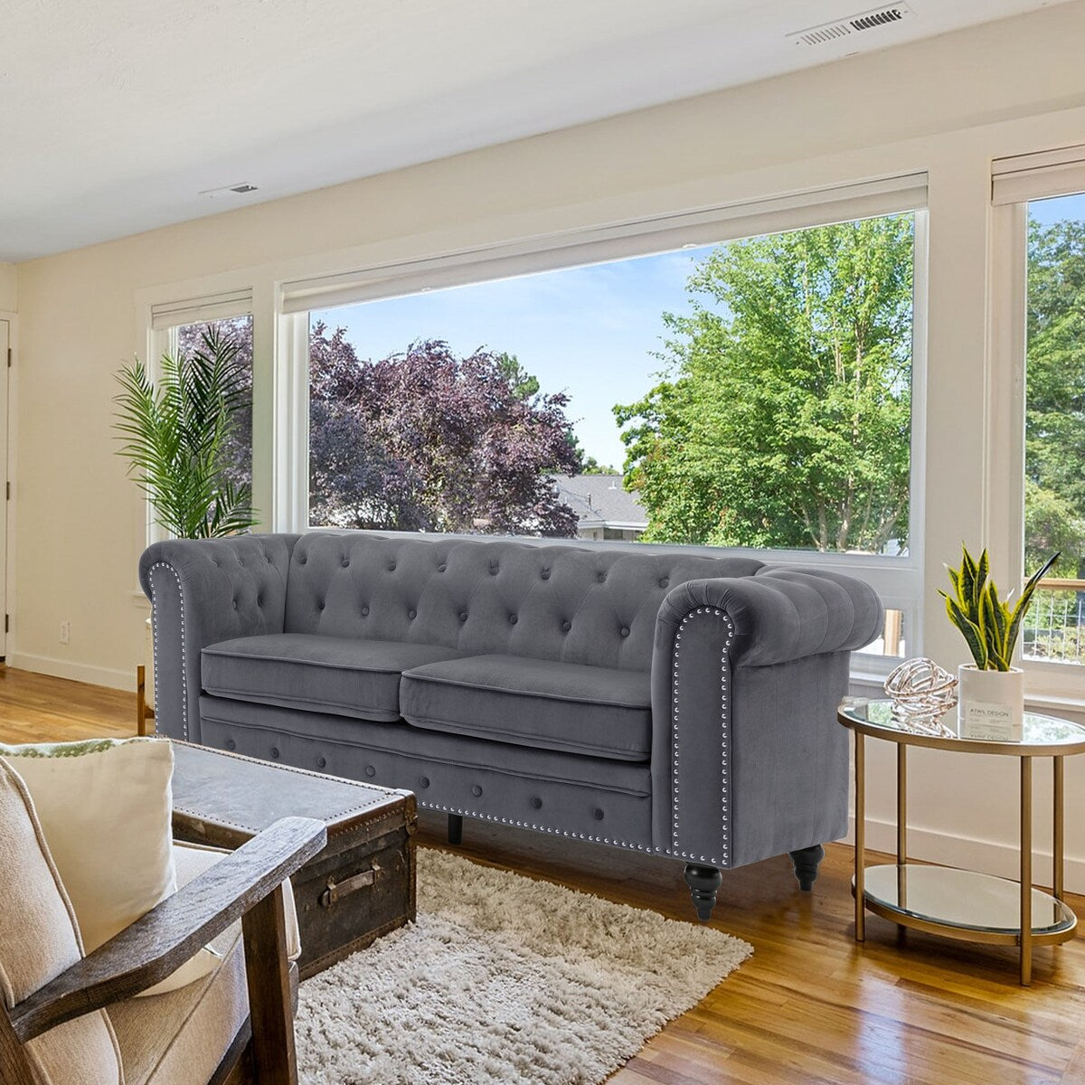 71.5" Velvet Rolled Arm Sofa for Living Room, Apartment, Office, With Tufted Nailheads Rolled Arm, Bench Sofa