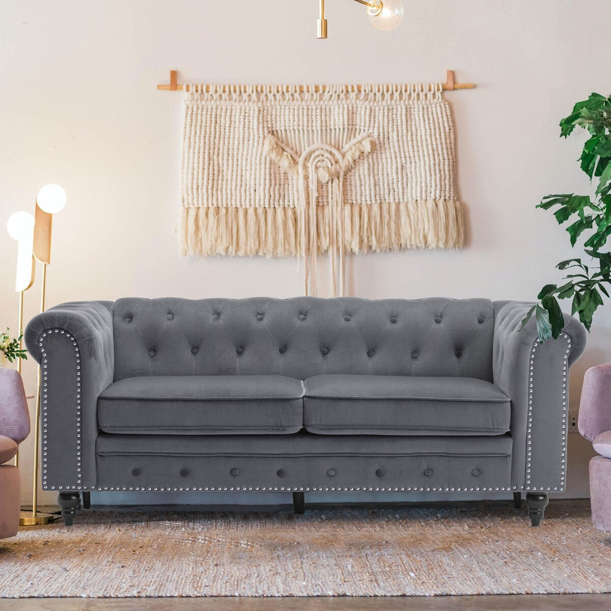 71.5" Velvet Rolled Arm Sofa for Living Room, Apartment, Office, With Tufted Nailheads Rolled Arm, Bench Sofa