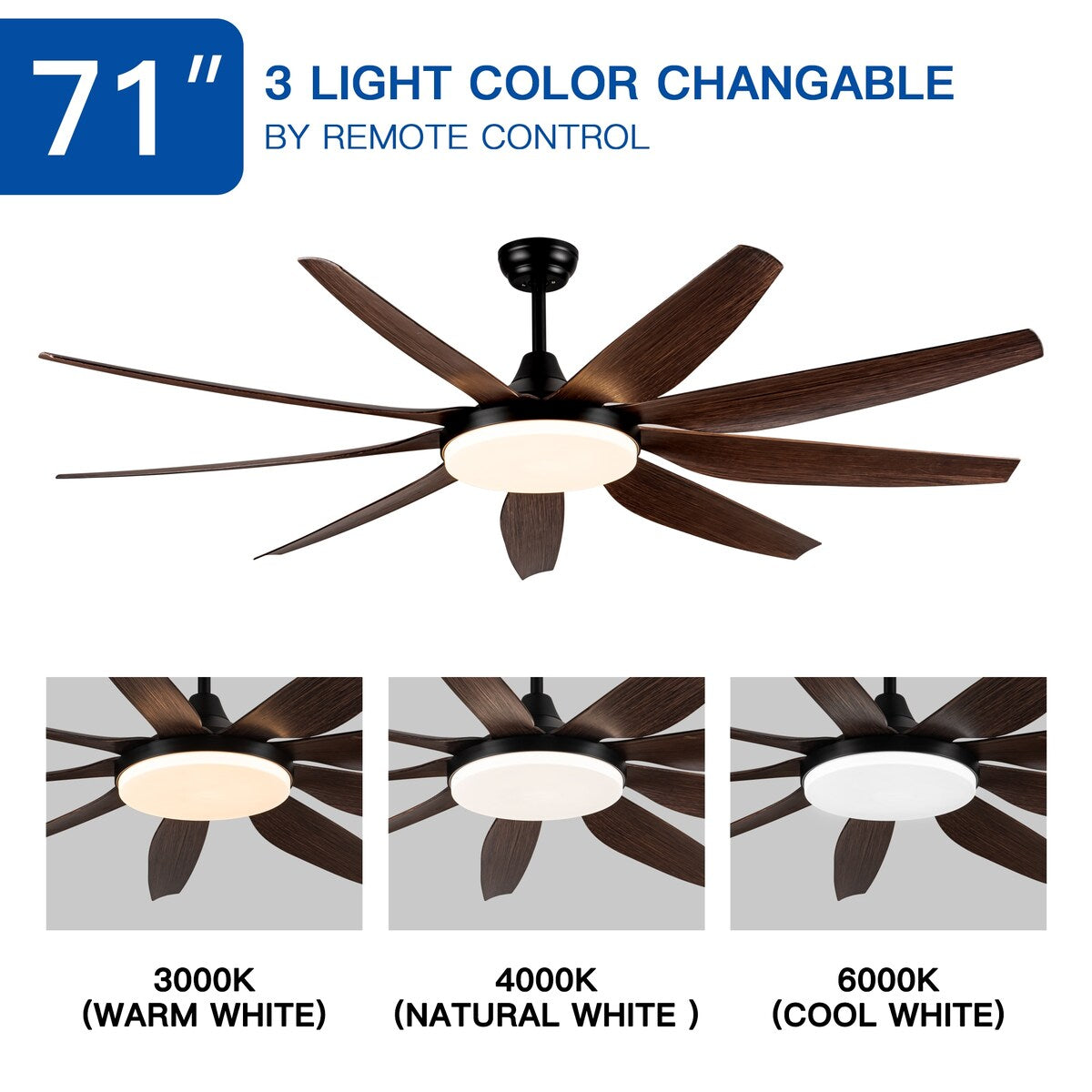 71" Adjustable 6-Speed LED Ceiling Fan with 9 Wood Grain Blades
