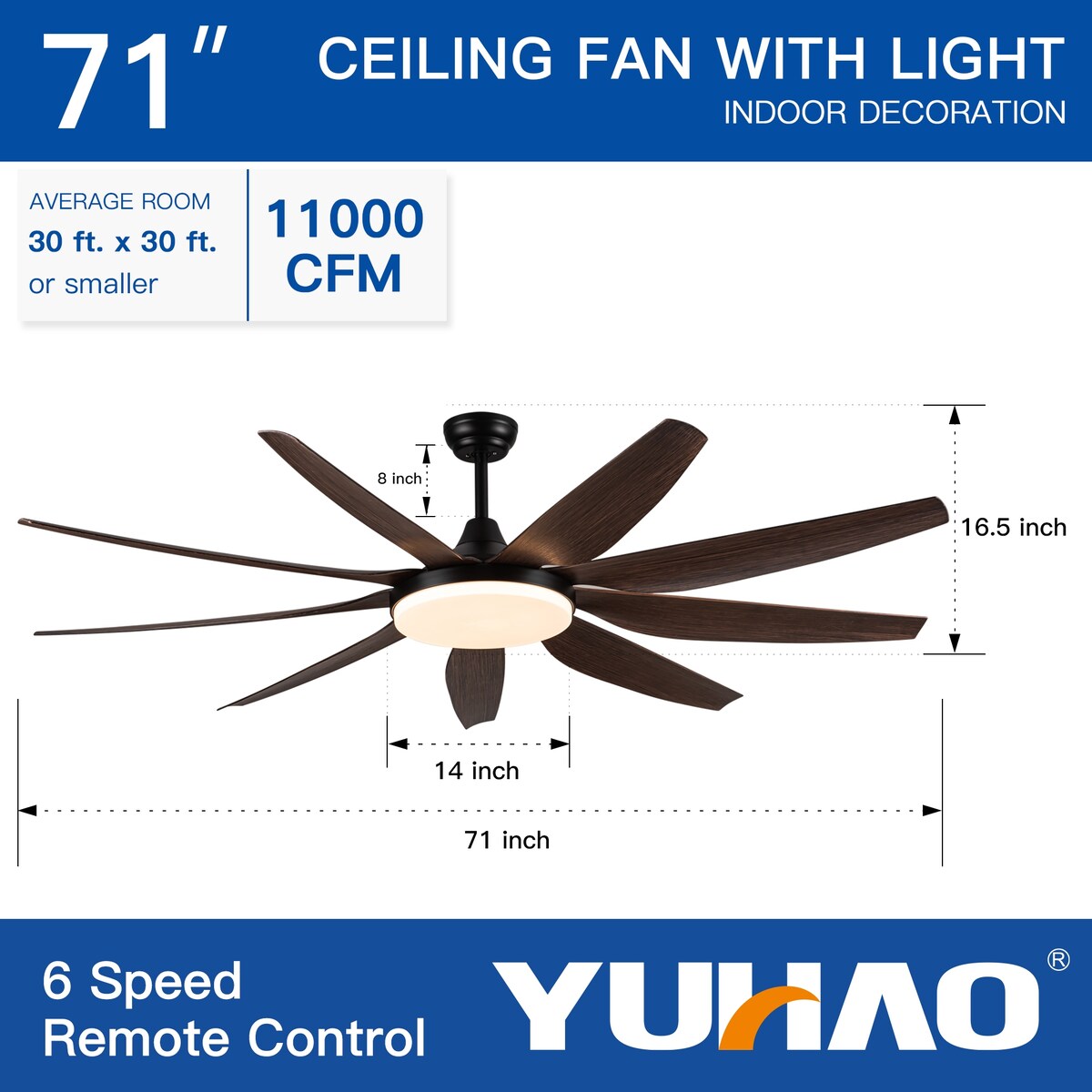 71" Adjustable 6-Speed LED Ceiling Fan with 9 Wood Grain Blades