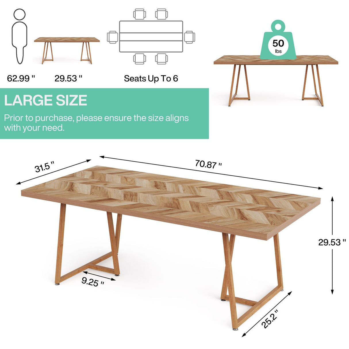 71" Farmhouse Dining Table for 6 to 8, Rectangular Wood Kitchen Table Industrial Dinner Table