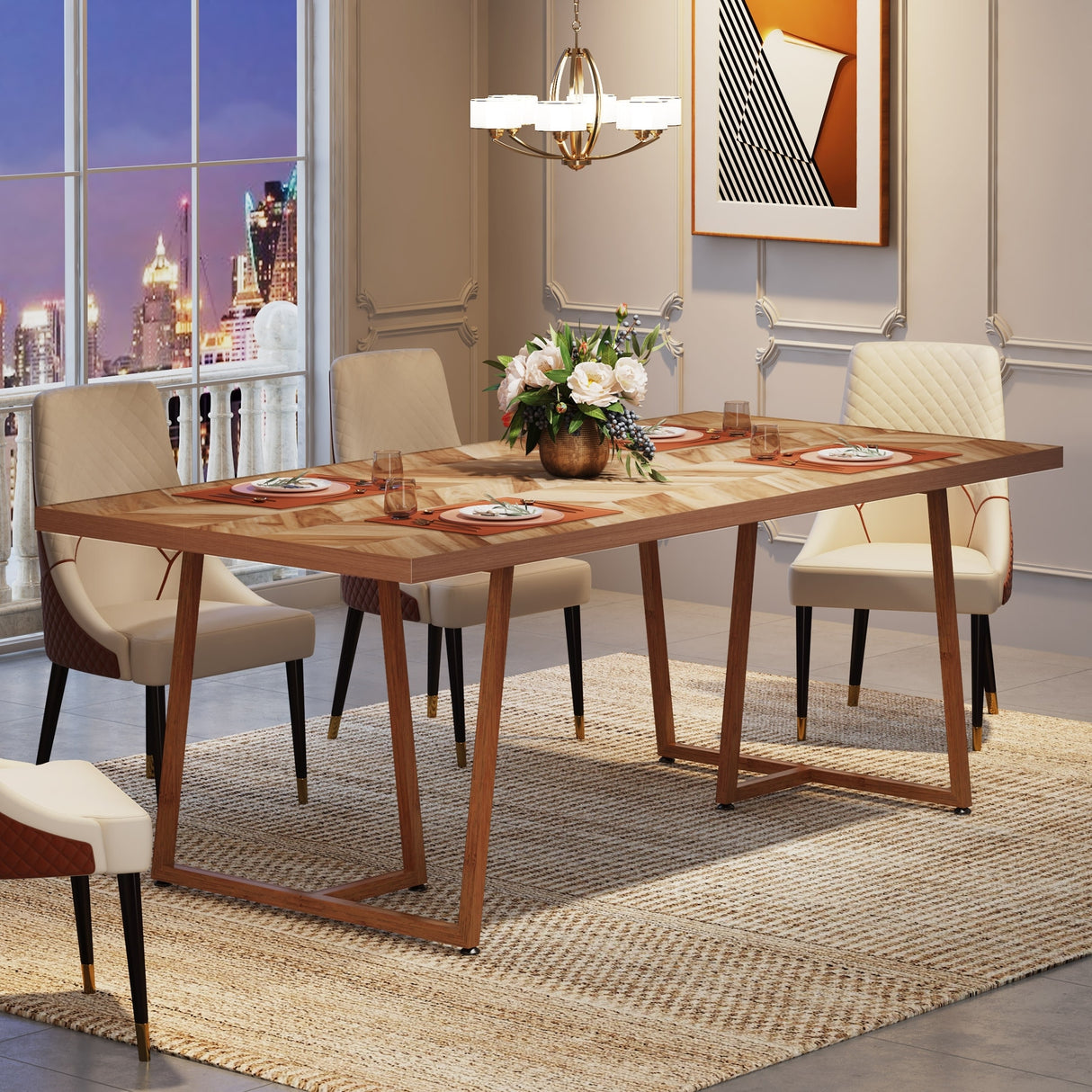 71" Farmhouse Dining Table for 6 to 8, Rectangular Wood Kitchen Table Industrial Dinner Table