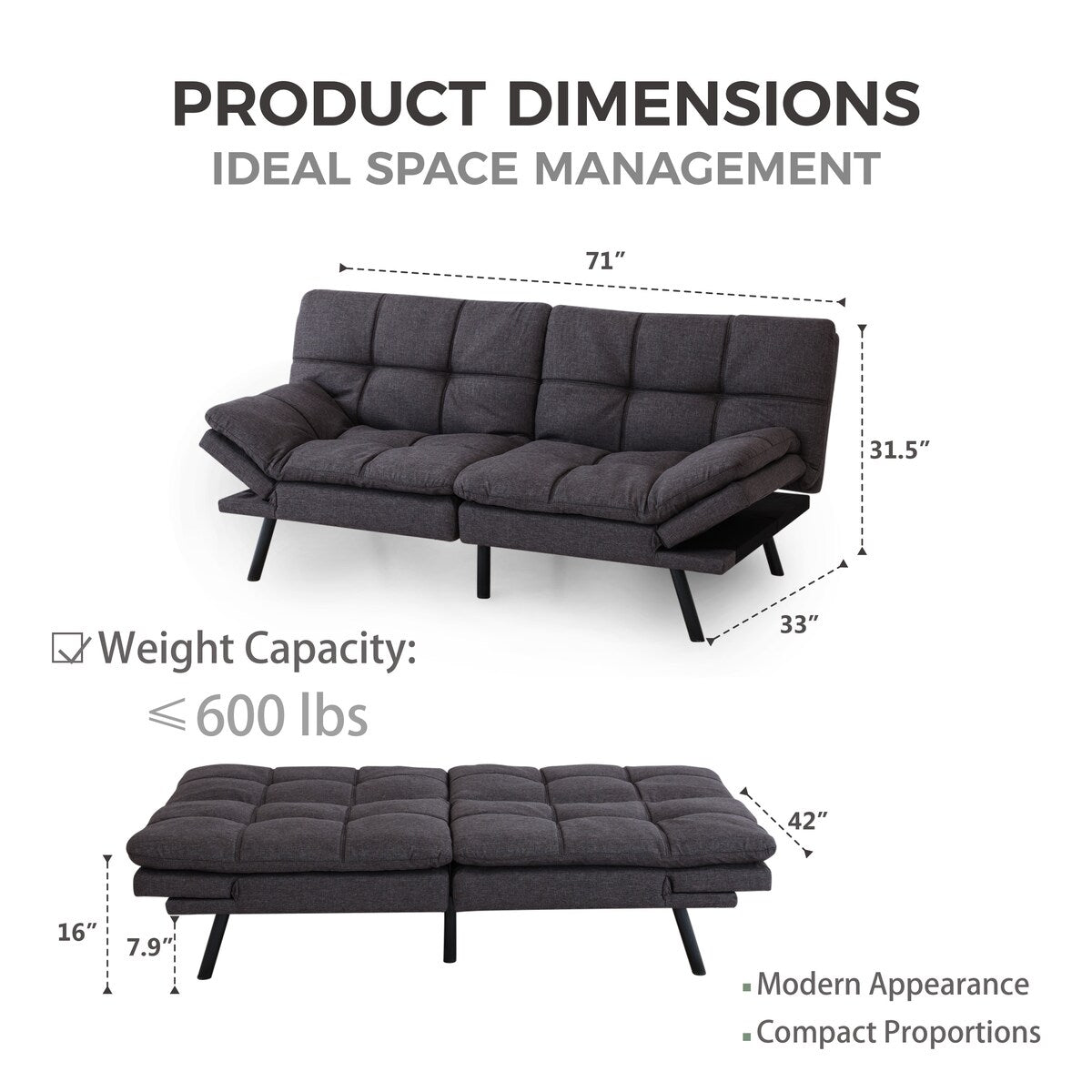 71'' Wide Futon Sofa Bed Adjustable Arms Tufted Back Convertible Futon Sleeper Sofa Tufted Folding Couch