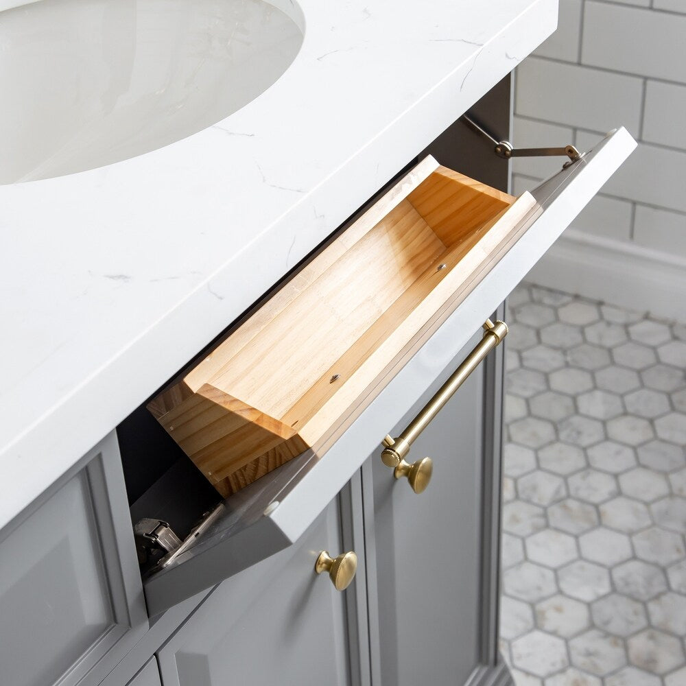 72" Palace Collection Quartz Carrara Cashmere Grey Bathroom Vanity Set With Hardware And F2-0012 Faucets