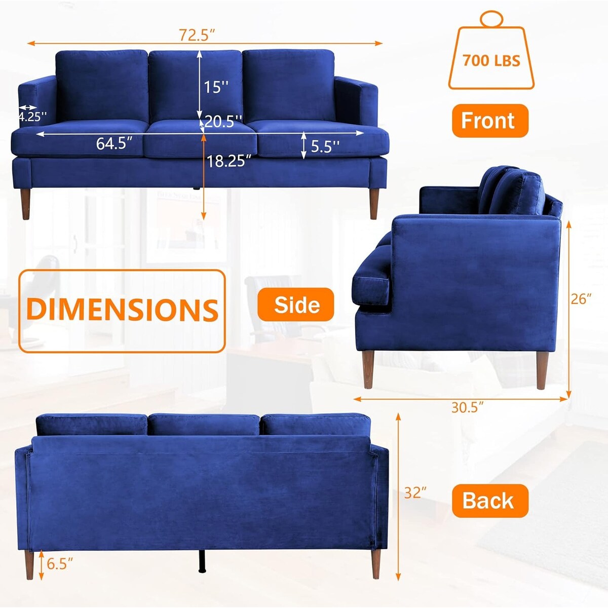 72-inch 3 Seater Couch Sofa With Thick Cushion And Wood Legs