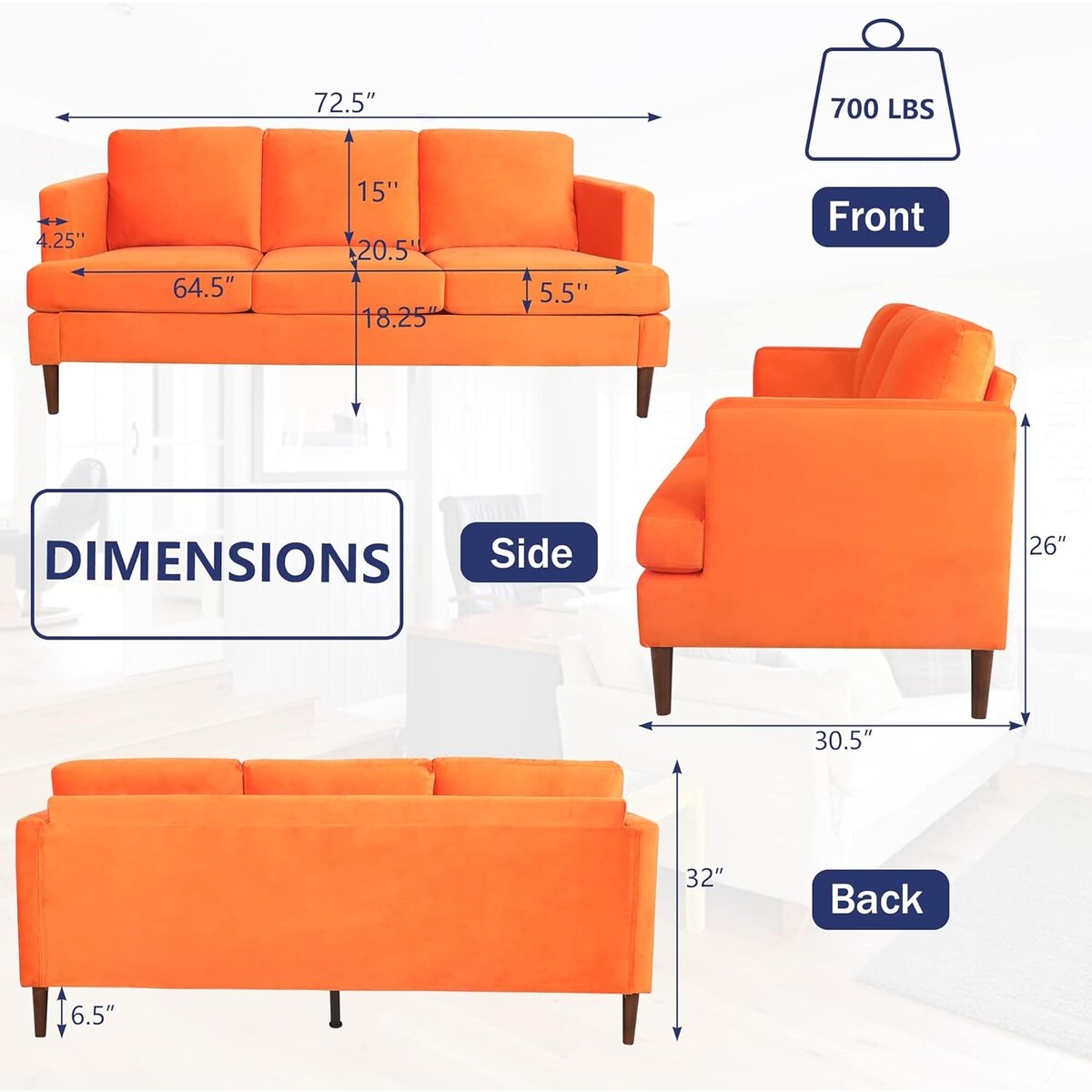 72-inch 3 Seater Couch Sofa With Thick Cushion And Wood Legs