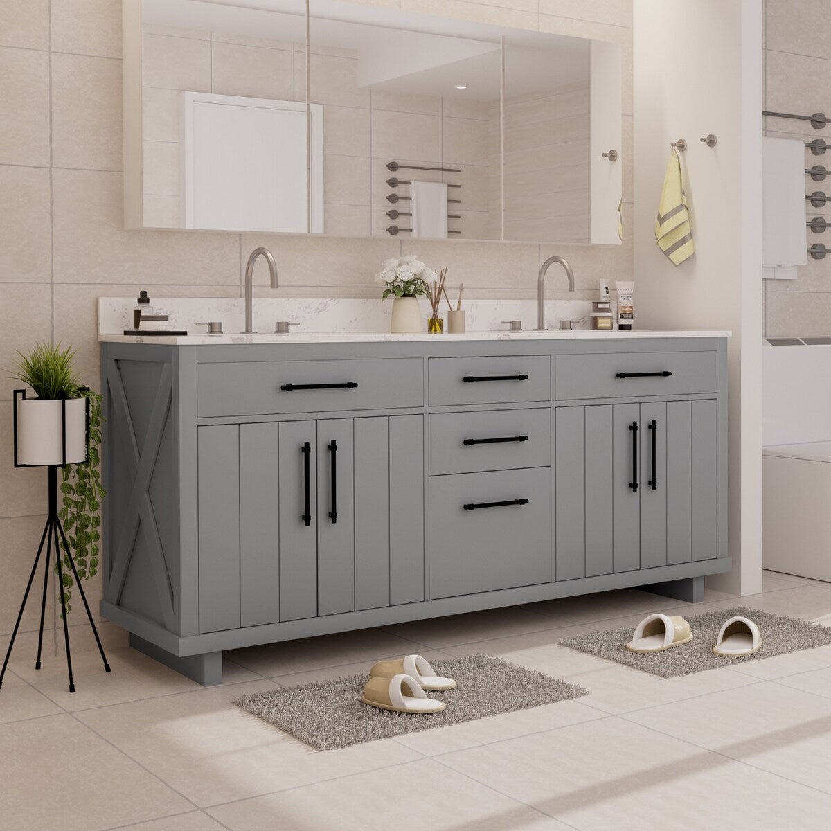 72-inch Double Bathroom Vanities with 2 Integrated Rectangular Sinks