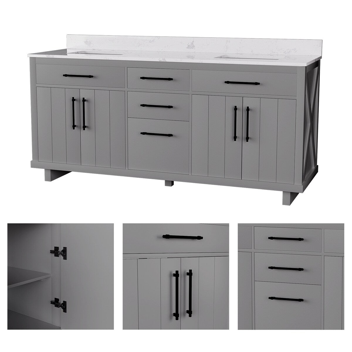 72-inch Double Bathroom Vanities with 2 Integrated Rectangular Sinks