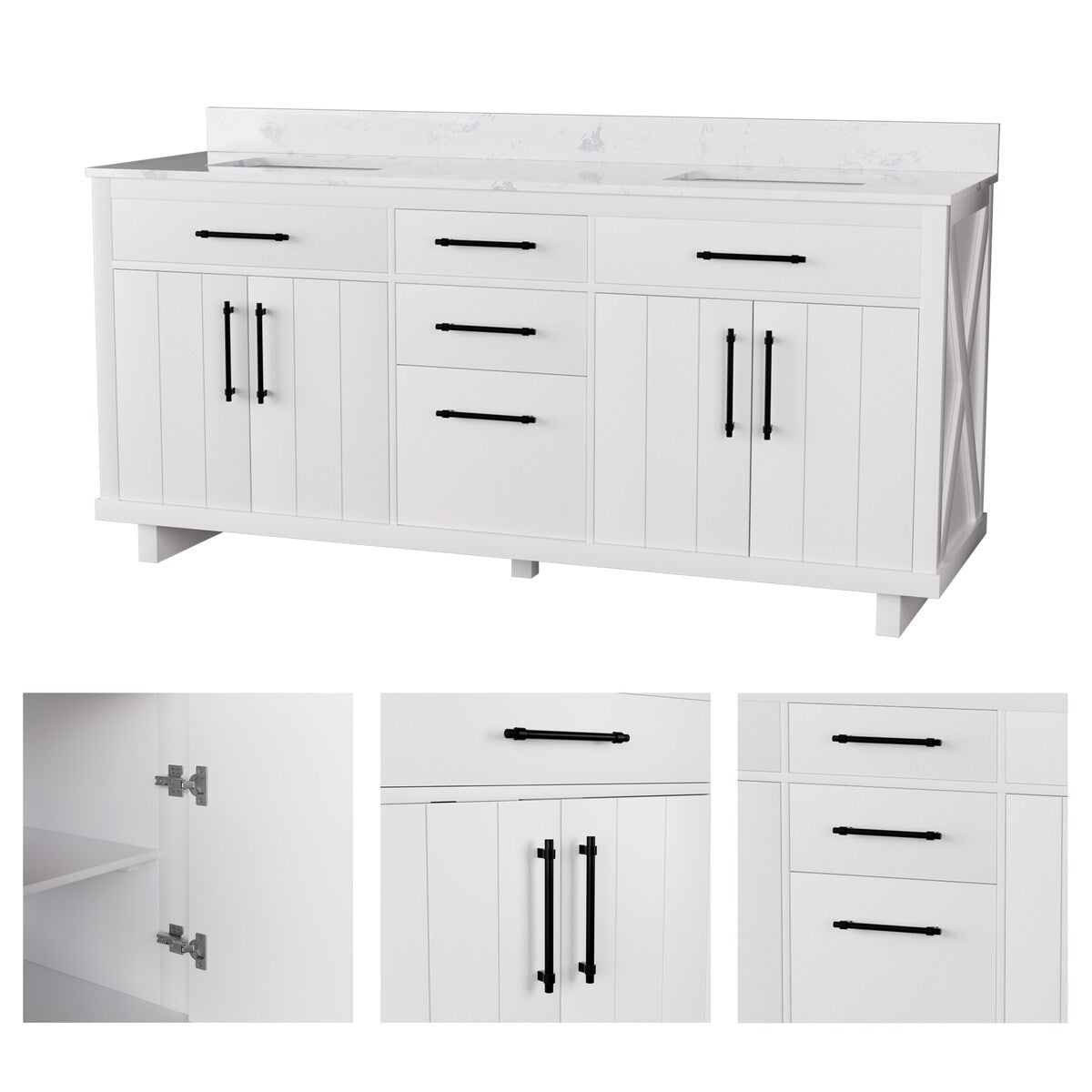 72-inch Double Bathroom Vanities with 2 Integrated Rectangular Sinks