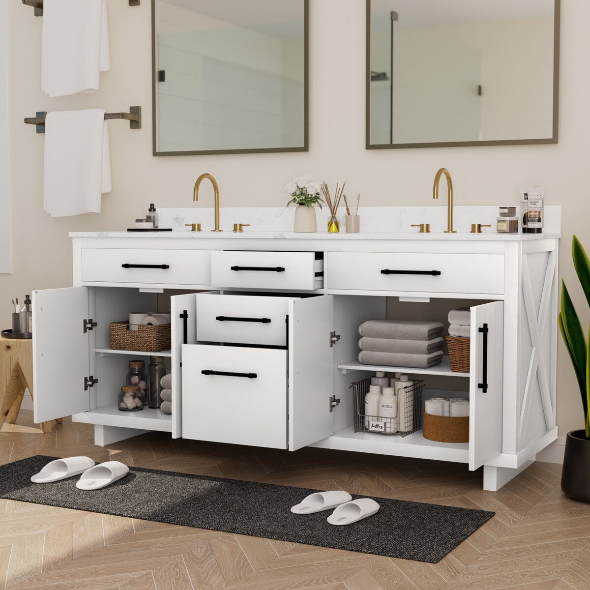 72-inch Double Bathroom Vanities with 2 Integrated Rectangular Sinks