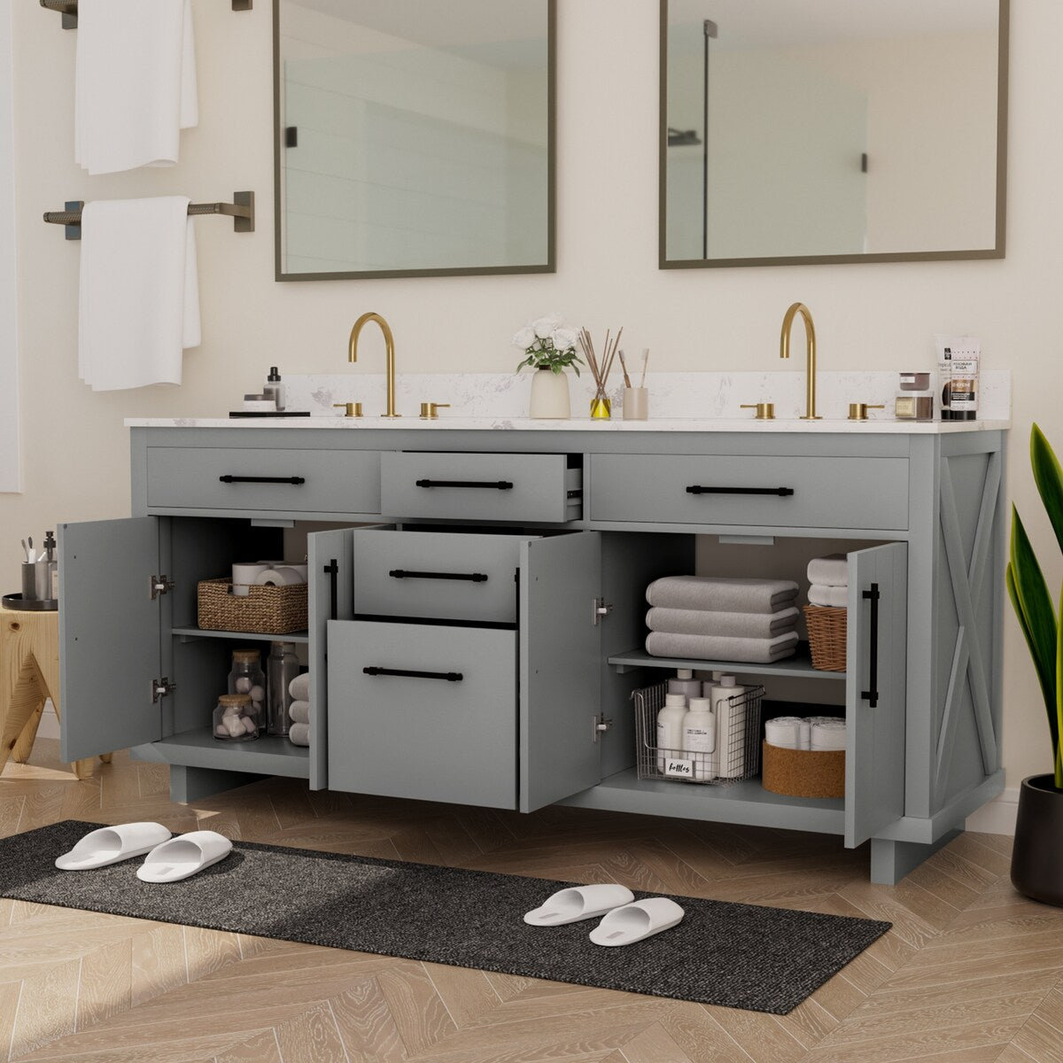 72-inch Double Bathroom Vanities with 2 Integrated Rectangular Sinks