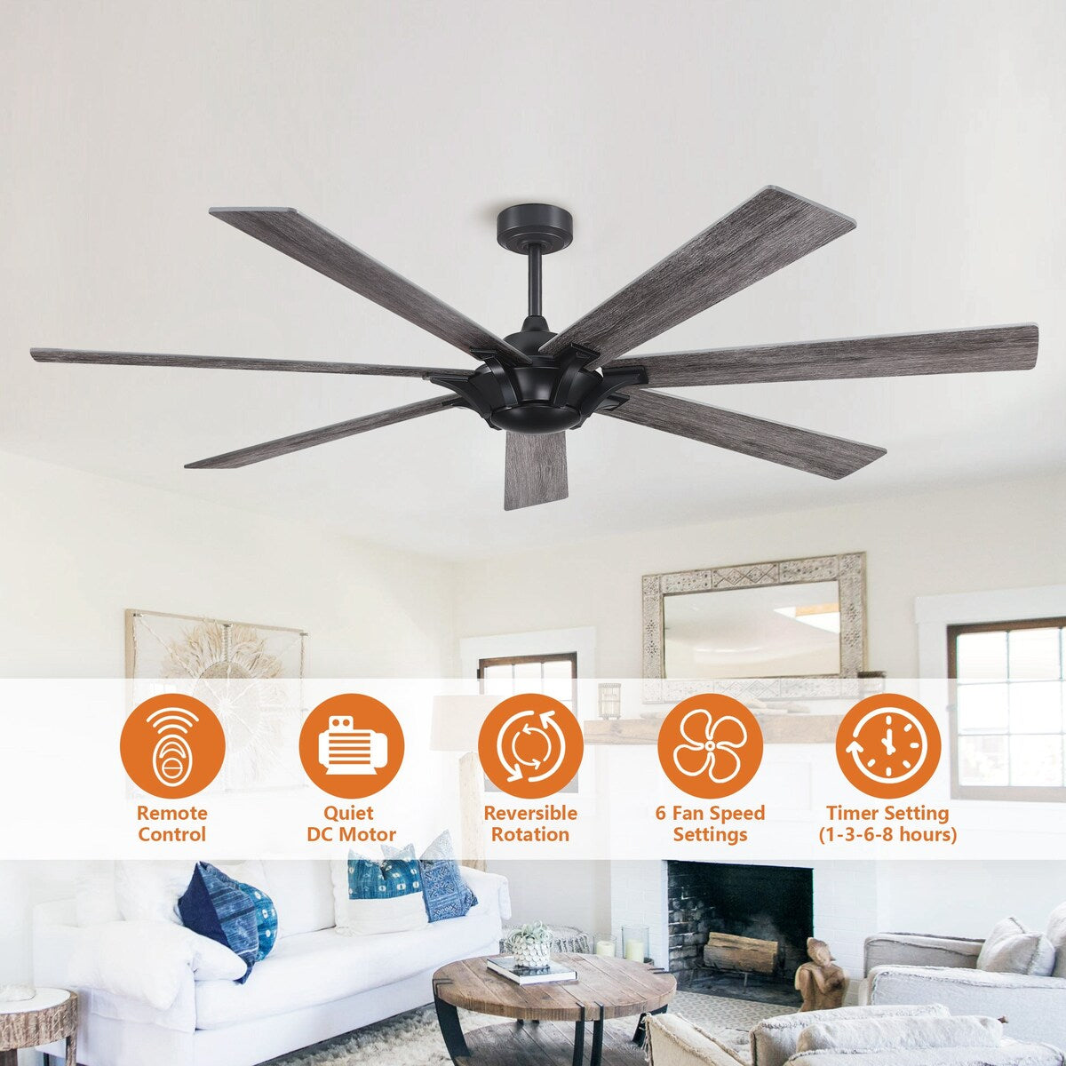 72" Wooden 7-Blade Large Outdoor Industrial DC Ceiling Fan with Remote