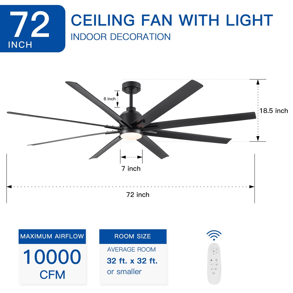 72" Integrated LED Light Ceiling Fan with Black ABS Blade