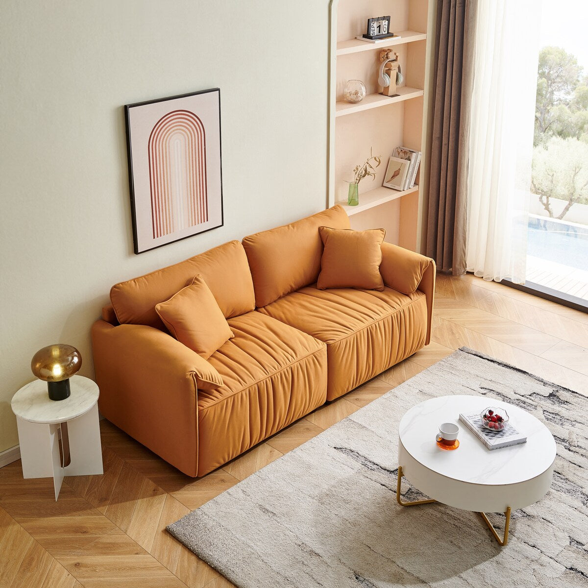 72" Loveseat Sofa Couch, Nano-fabric Lines Upholstered Deep Seat Loveseat Modern Living Room Folded Arms Sofa with 2 Pillows
