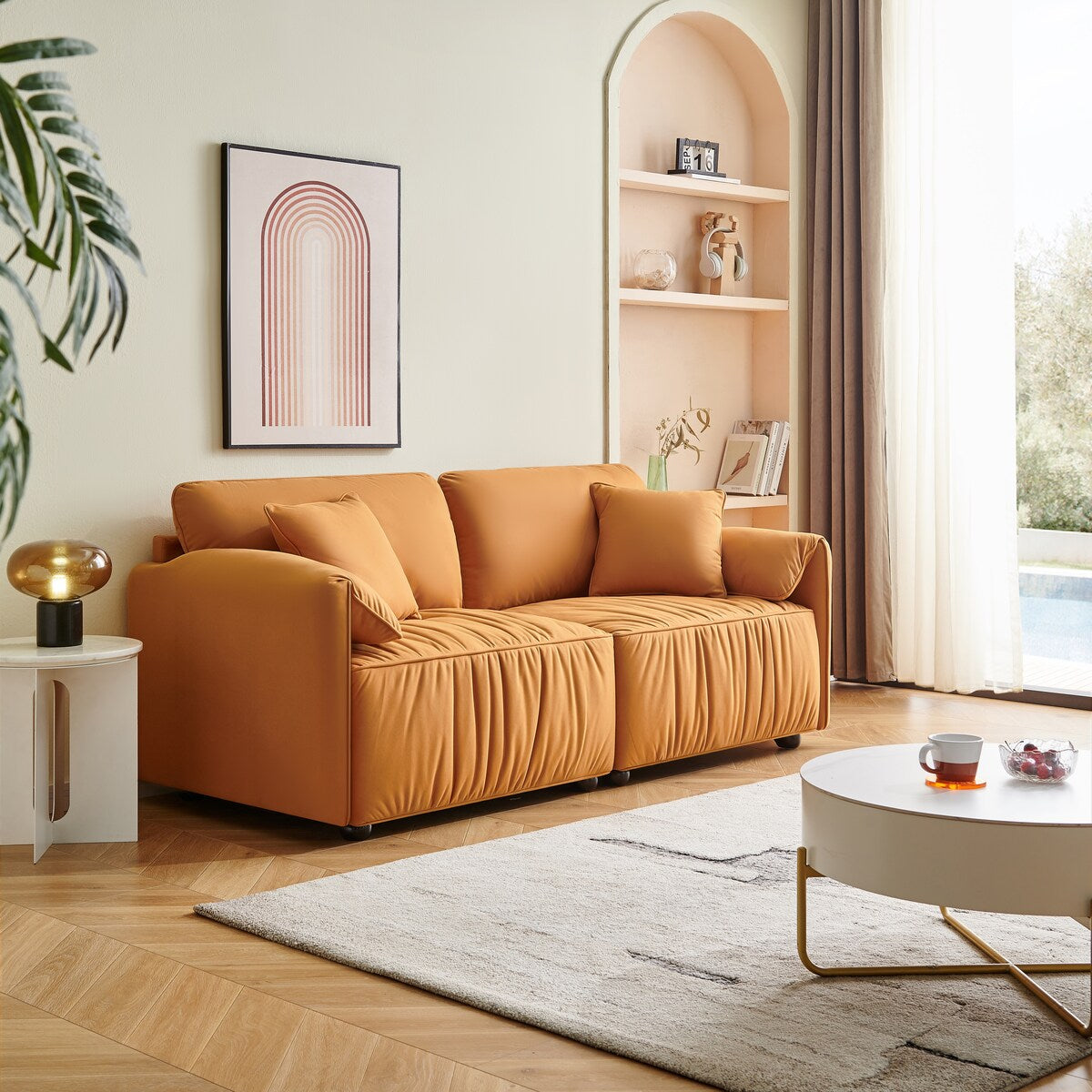 72" Loveseat Sofa Couch, Nano-fabric Lines Upholstered Deep Seat Loveseat Modern Living Room Folded Arms Sofa with 2 Pillows