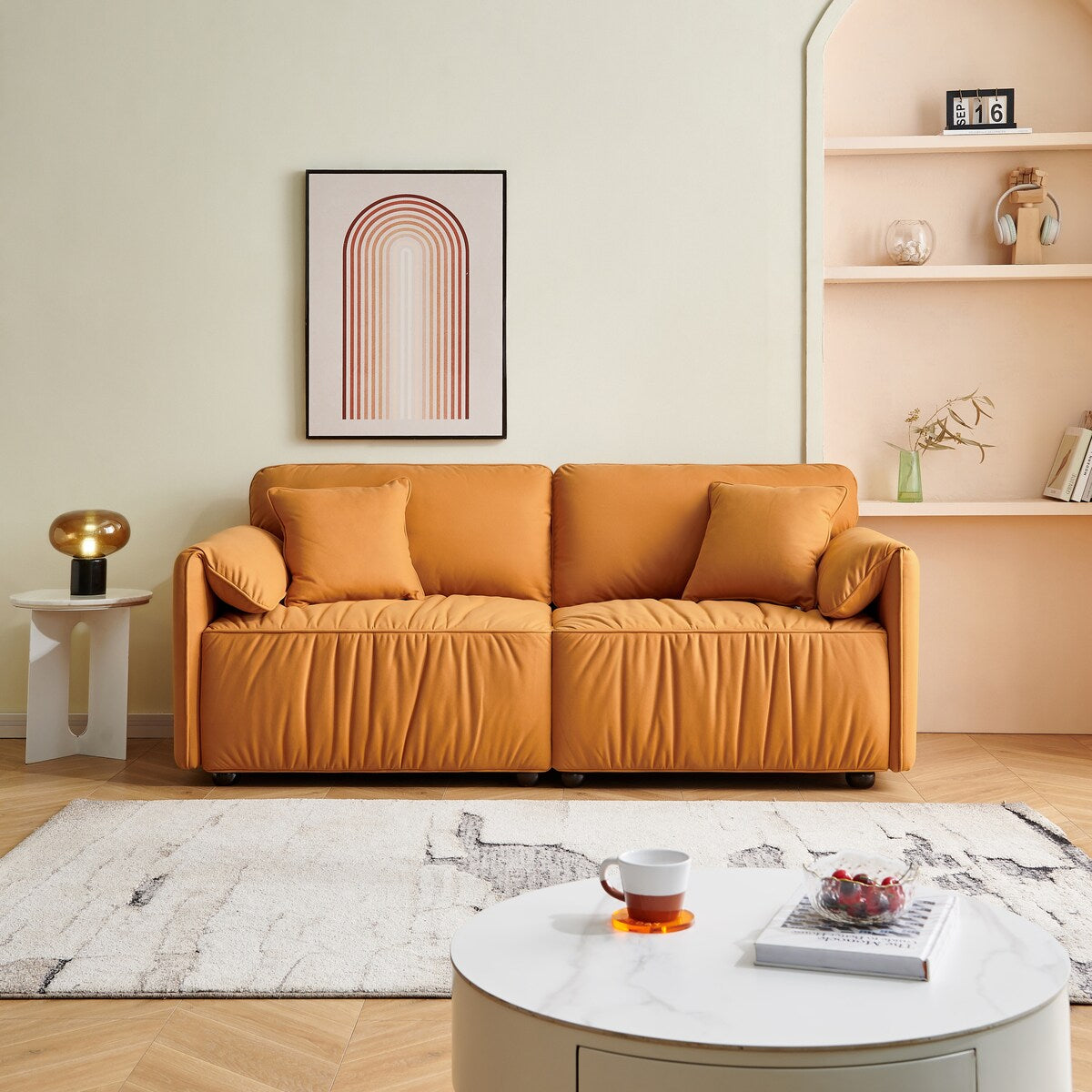 72" Loveseat Sofa Couch, Nano-fabric Lines Upholstered Deep Seat Loveseat Modern Living Room Folded Arms Sofa with 2 Pillows