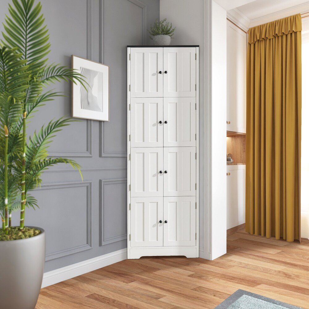72" Tall Corner Cabinet, Wall Storage Cabinet with 8 Doors and 4 Shelves, for Bathroom - 25"(L) x 12"(W) x 72"(H)