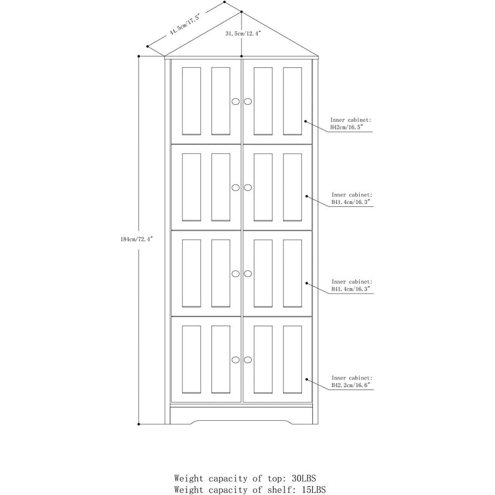 72" Tall Corner Cabinet, Wall Storage Cabinet with 8 Doors and 4 Shelves, for Bathroom - 25"(L) x 12"(W) x 72"(H)