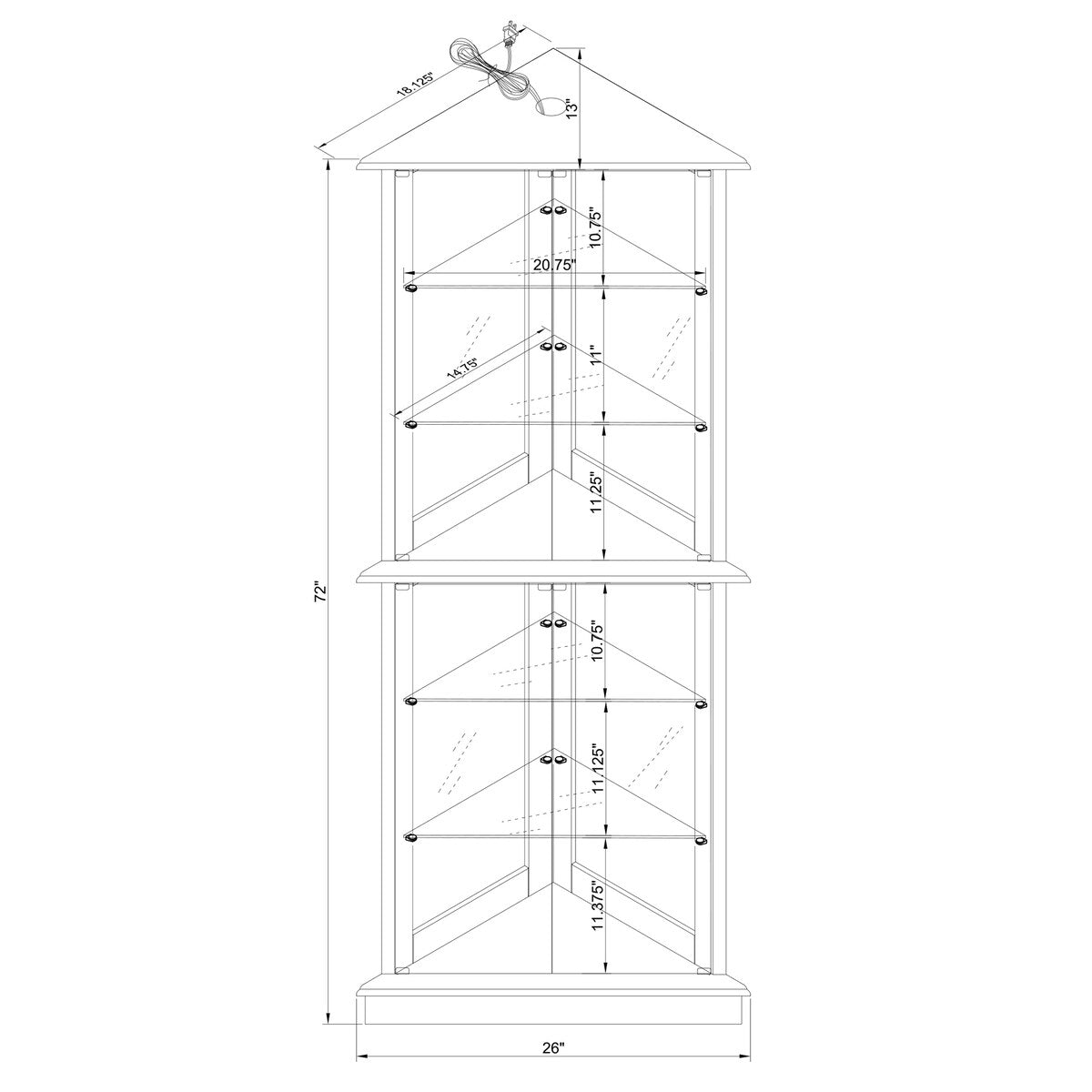 72''H Curio 6-Tier Corner Storage Wall Cabinet with 4 Glass Door, 26''L*13''W*72''H, 65.63LBS