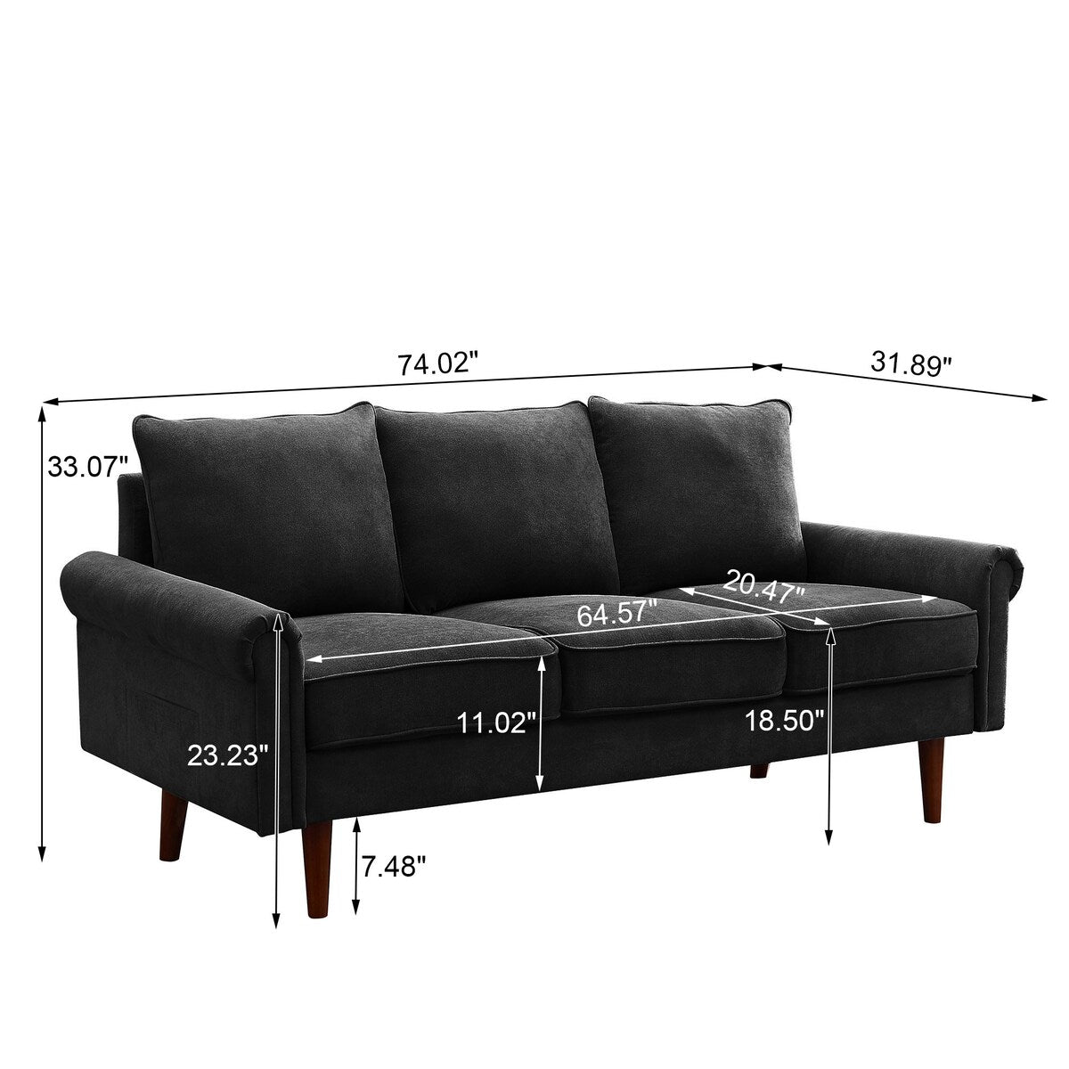 74.1" Velvet 3 Seat Sofa with Comefortable Cushion and Solid Wood Legs