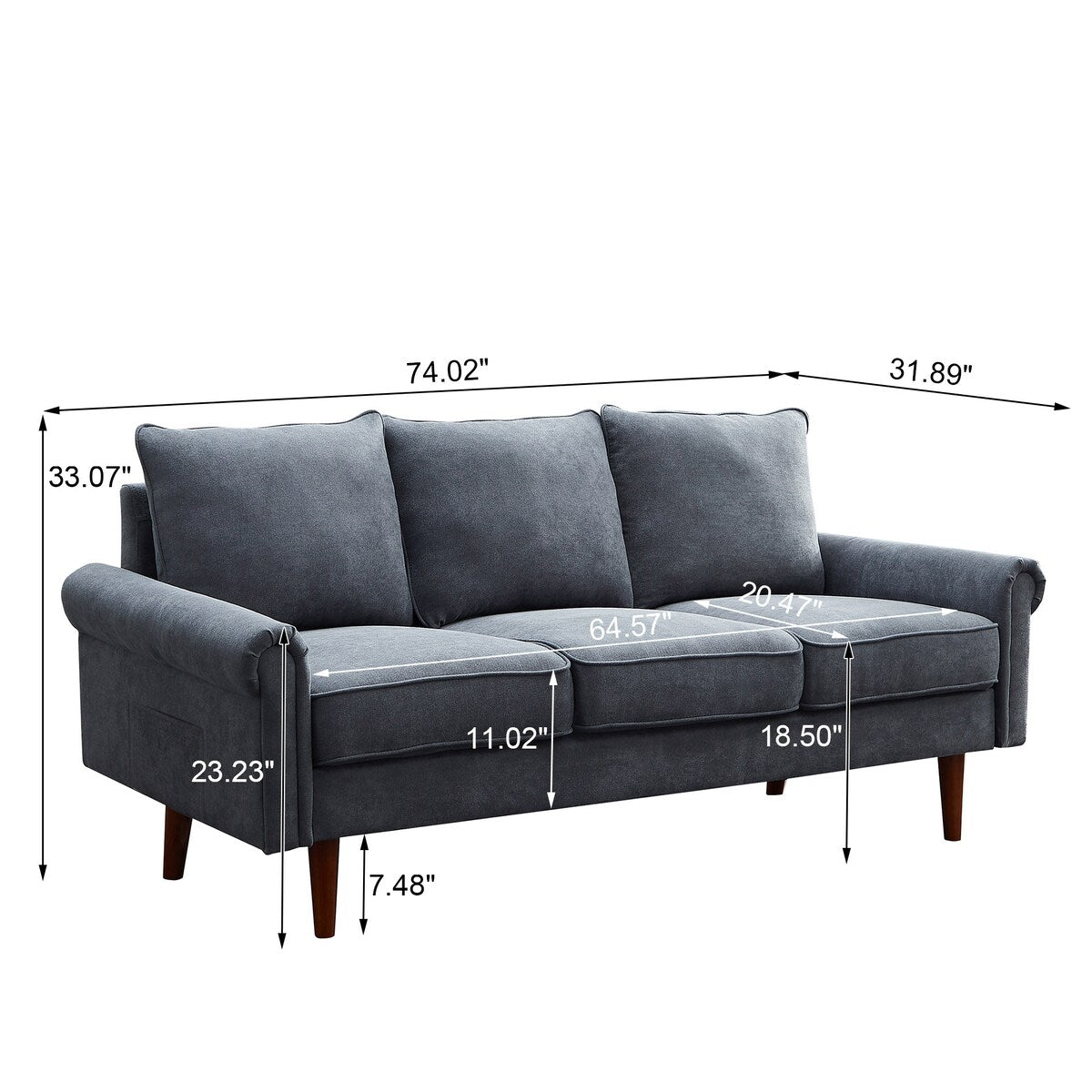 74.1" Velvet 3 Seat Sofa with Comefortable Cushion and Solid Wood Legs