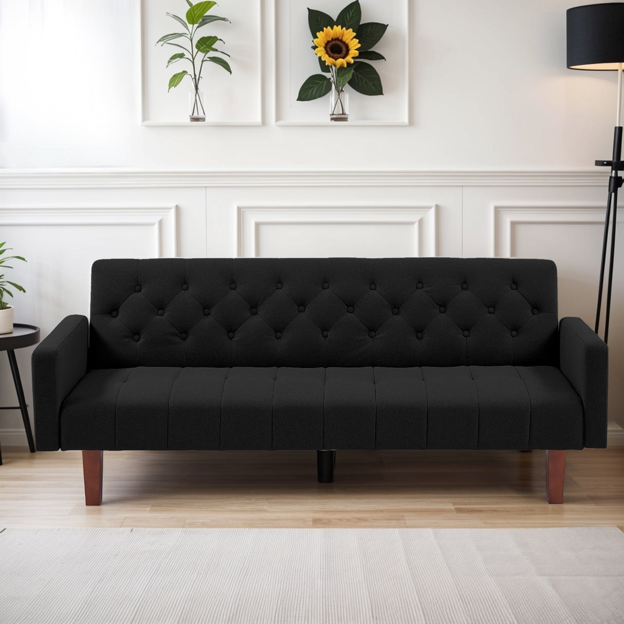 74" Velvet Futon Sofa Bed, Adjustable Backrest Convertible Loveseat Sleeper Couch with Tapered Wood Legs for Small Space