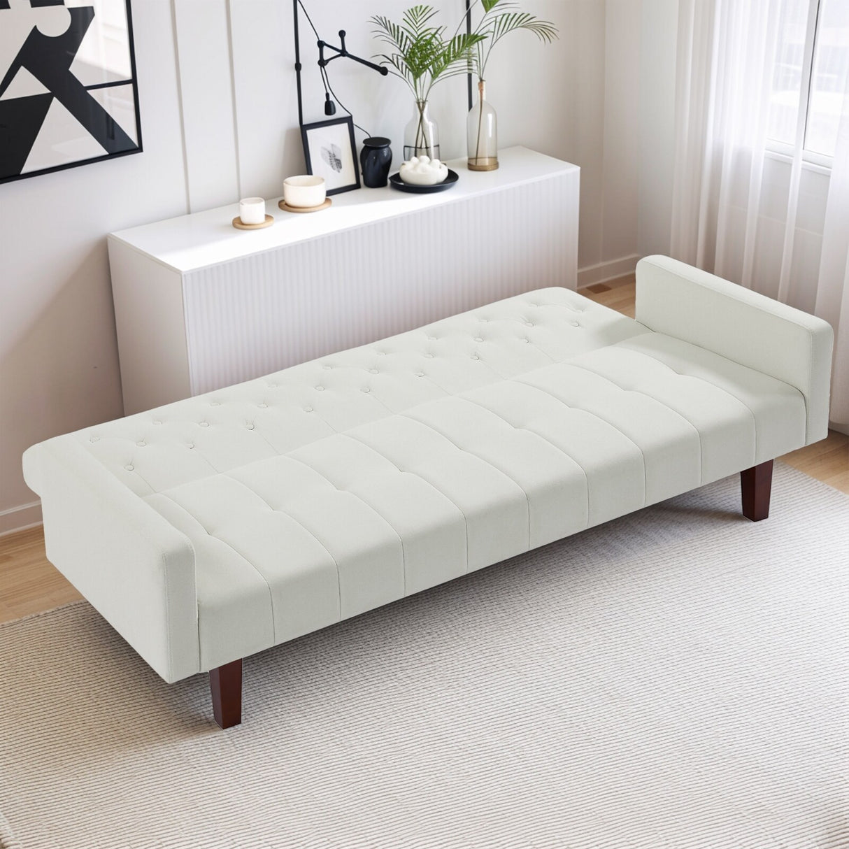74" Velvet Futon Sofa Bed, Adjustable Backrest Convertible Loveseat Sleeper Couch with Tapered Wood Legs for Small Space