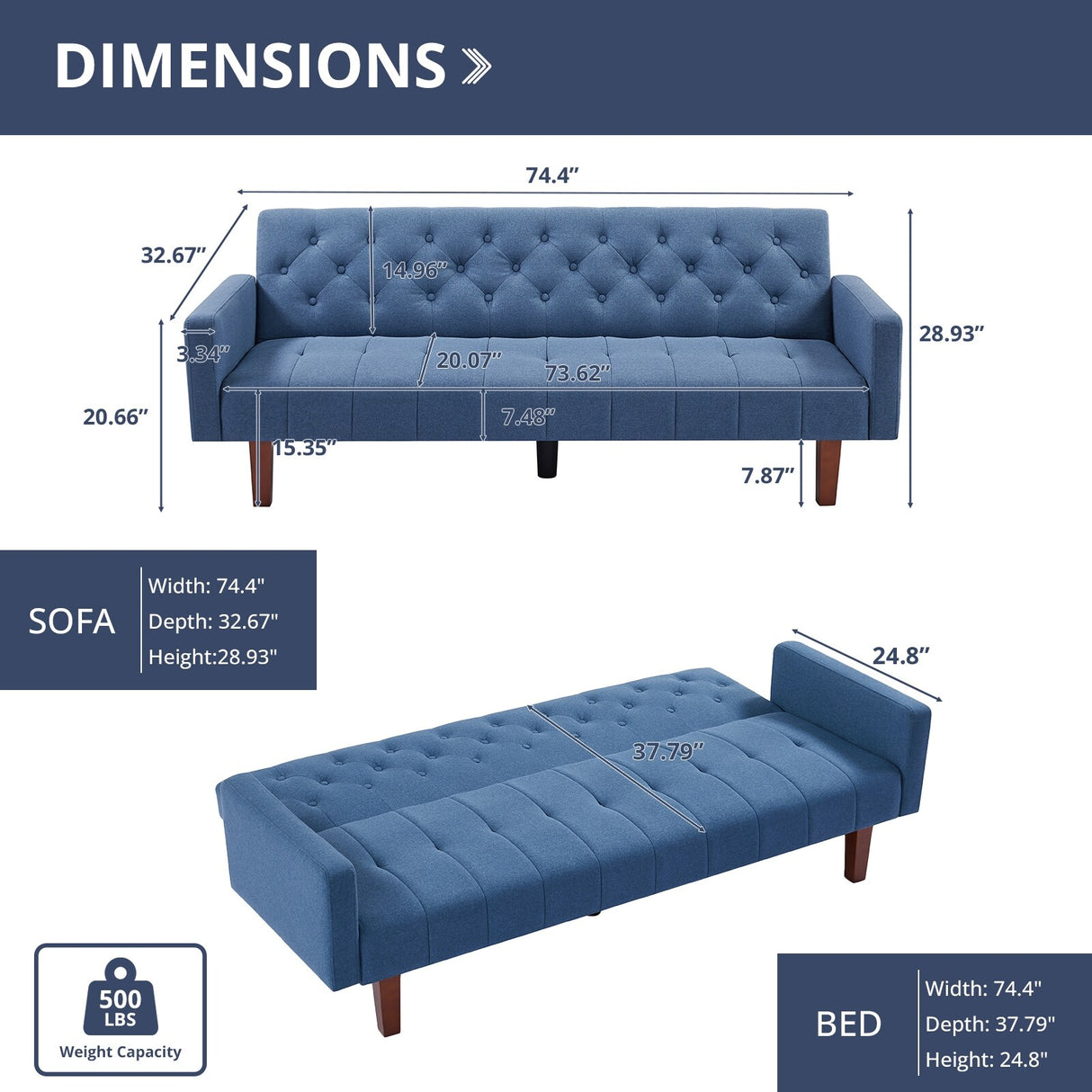 74" Velvet Futon Sofa Bed, Adjustable Backrest Convertible Loveseat Sleeper Couch with Tapered Wood Legs for Small Space