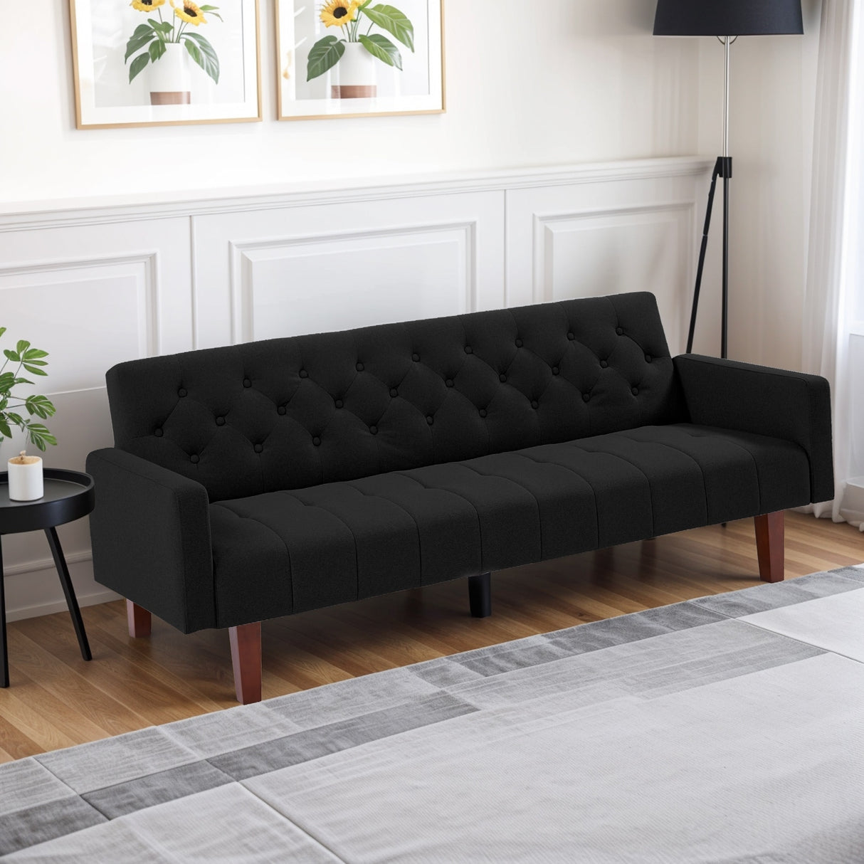 74" Velvet Futon Sofa Bed, Adjustable Backrest Convertible Loveseat Sleeper Couch with Tapered Wood Legs for Small Space