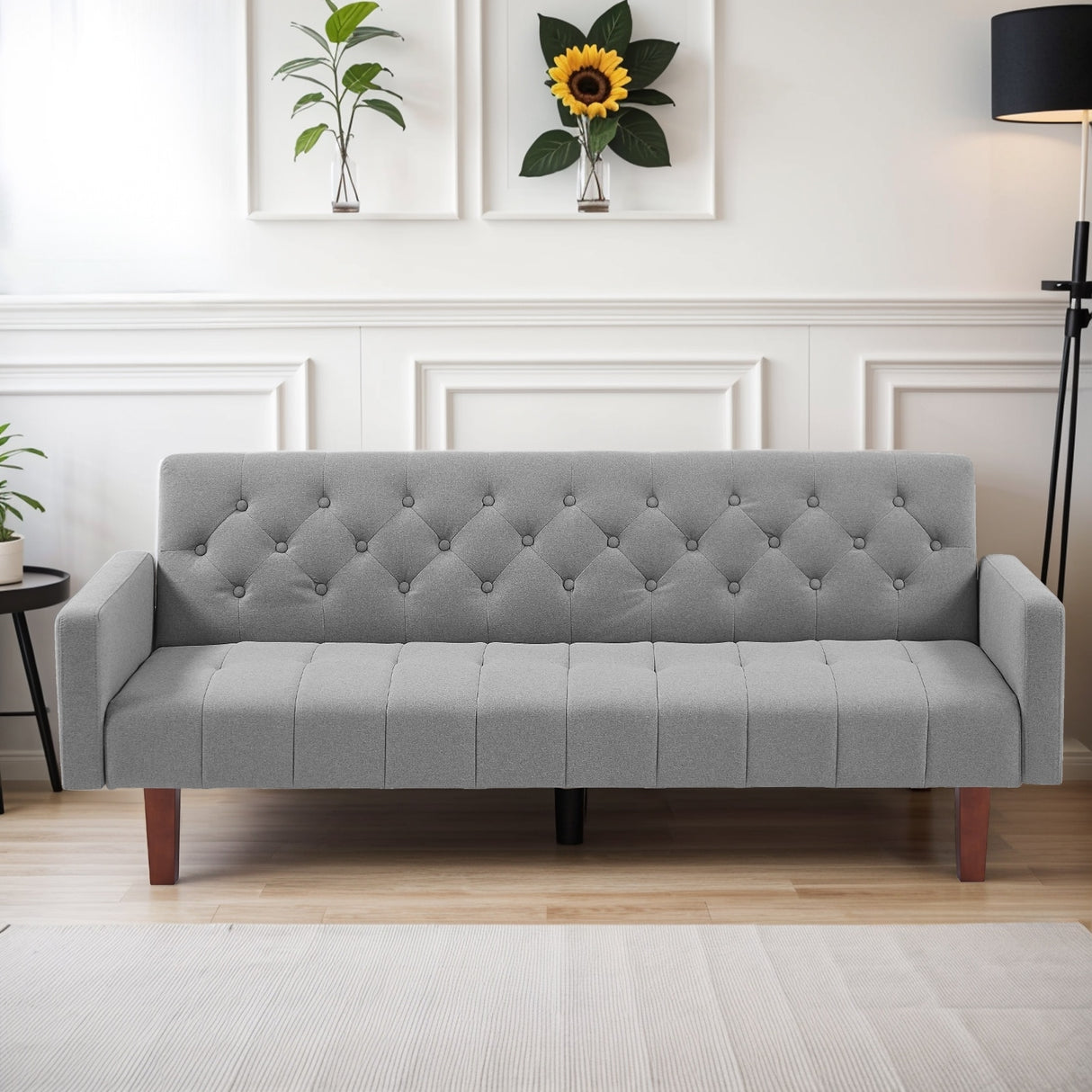 74" Velvet Futon Sofa Bed, Adjustable Backrest Convertible Loveseat Sleeper Couch with Tapered Wood Legs for Small Space