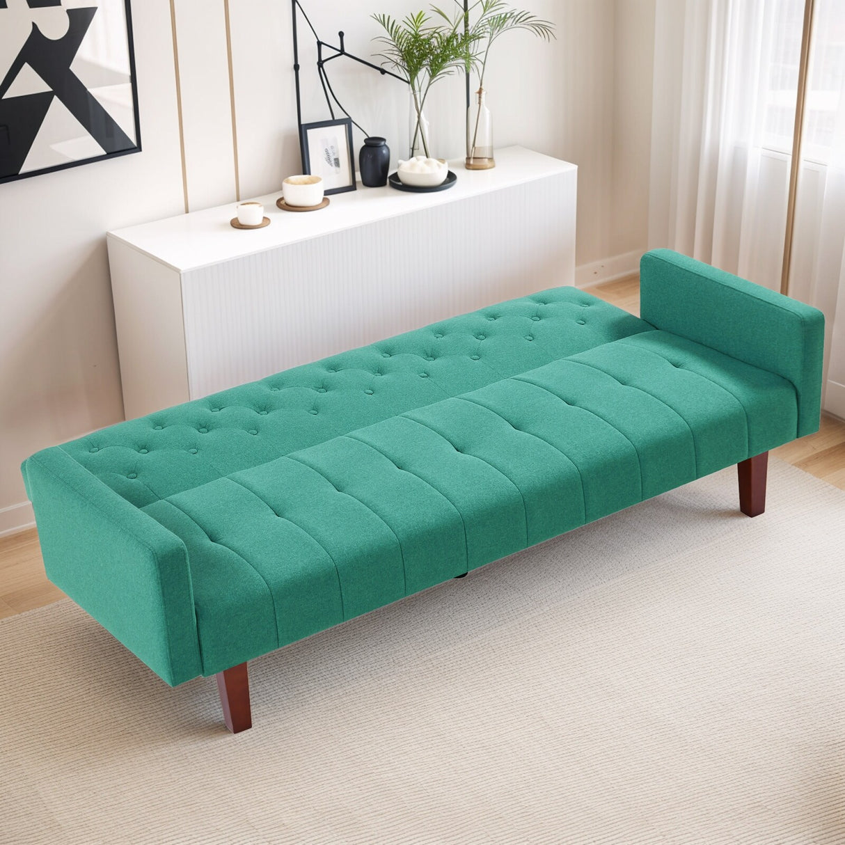 74" Velvet Futon Sofa Bed, Adjustable Backrest Convertible Loveseat Sleeper Couch with Tapered Wood Legs for Small Space