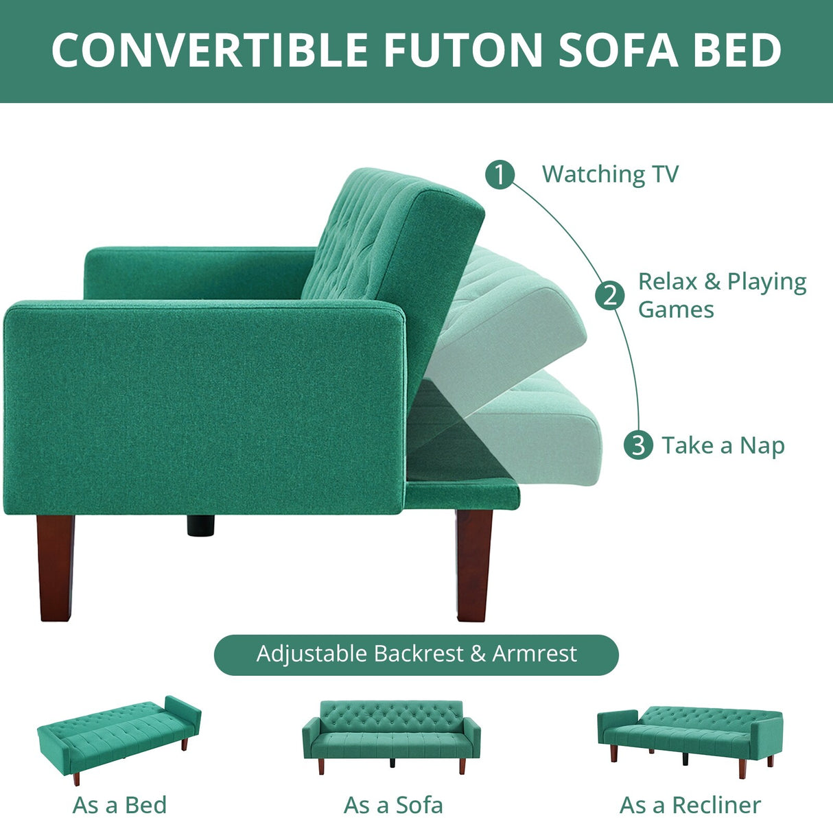 74" Velvet Futon Sofa Bed, Adjustable Backrest Convertible Loveseat Sleeper Couch with Tapered Wood Legs for Small Space