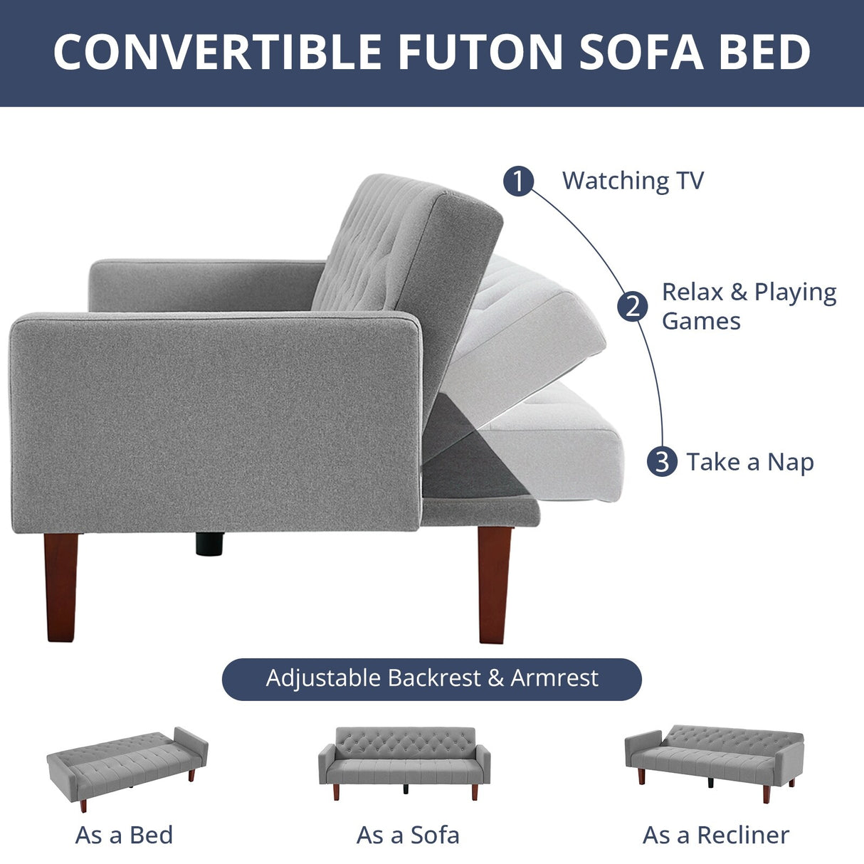 74" Velvet Futon Sofa Bed, Adjustable Backrest Convertible Loveseat Sleeper Couch with Tapered Wood Legs for Small Space