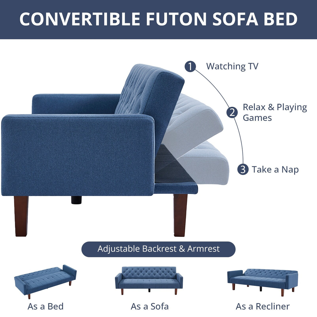 74" Velvet Futon Sofa Bed, Adjustable Backrest Convertible Loveseat Sleeper Couch with Tapered Wood Legs for Small Space