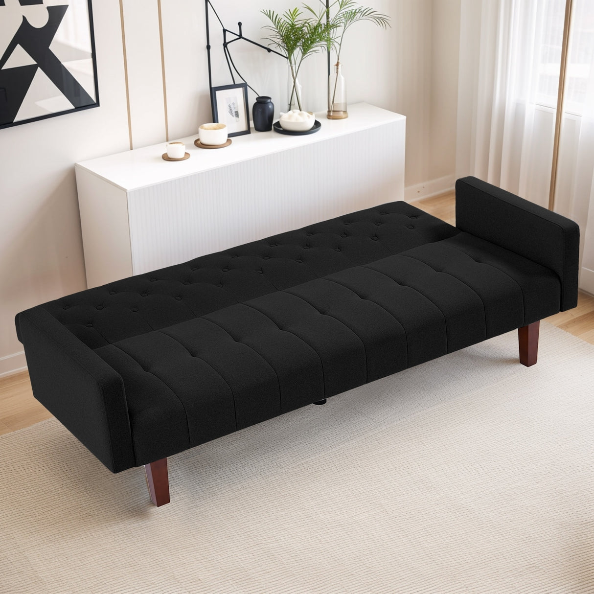 74" Velvet Futon Sofa Bed, Adjustable Backrest Convertible Loveseat Sleeper Couch with Tapered Wood Legs for Small Space