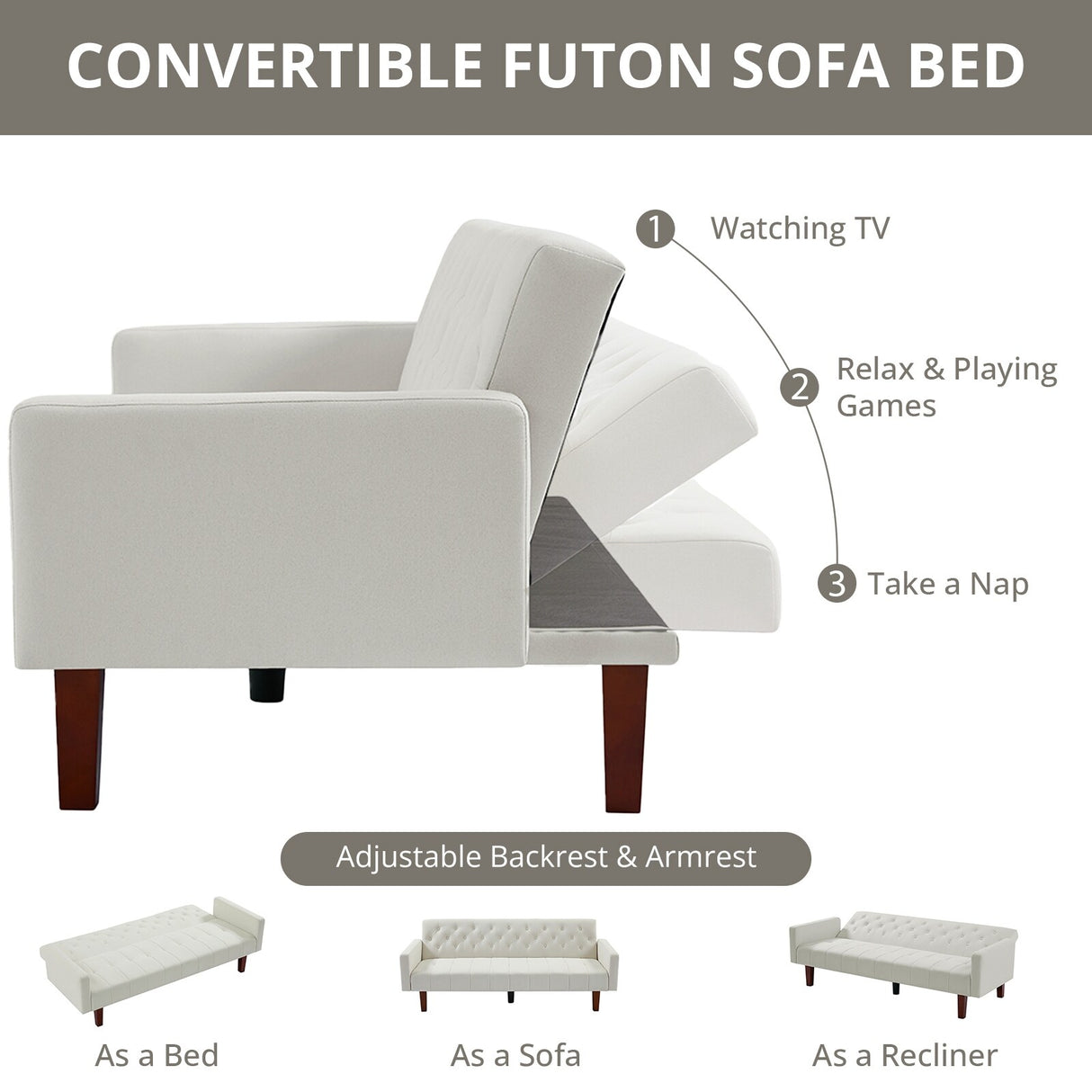 74" Velvet Futon Sofa Bed, Adjustable Backrest Convertible Loveseat Sleeper Couch with Tapered Wood Legs for Small Space