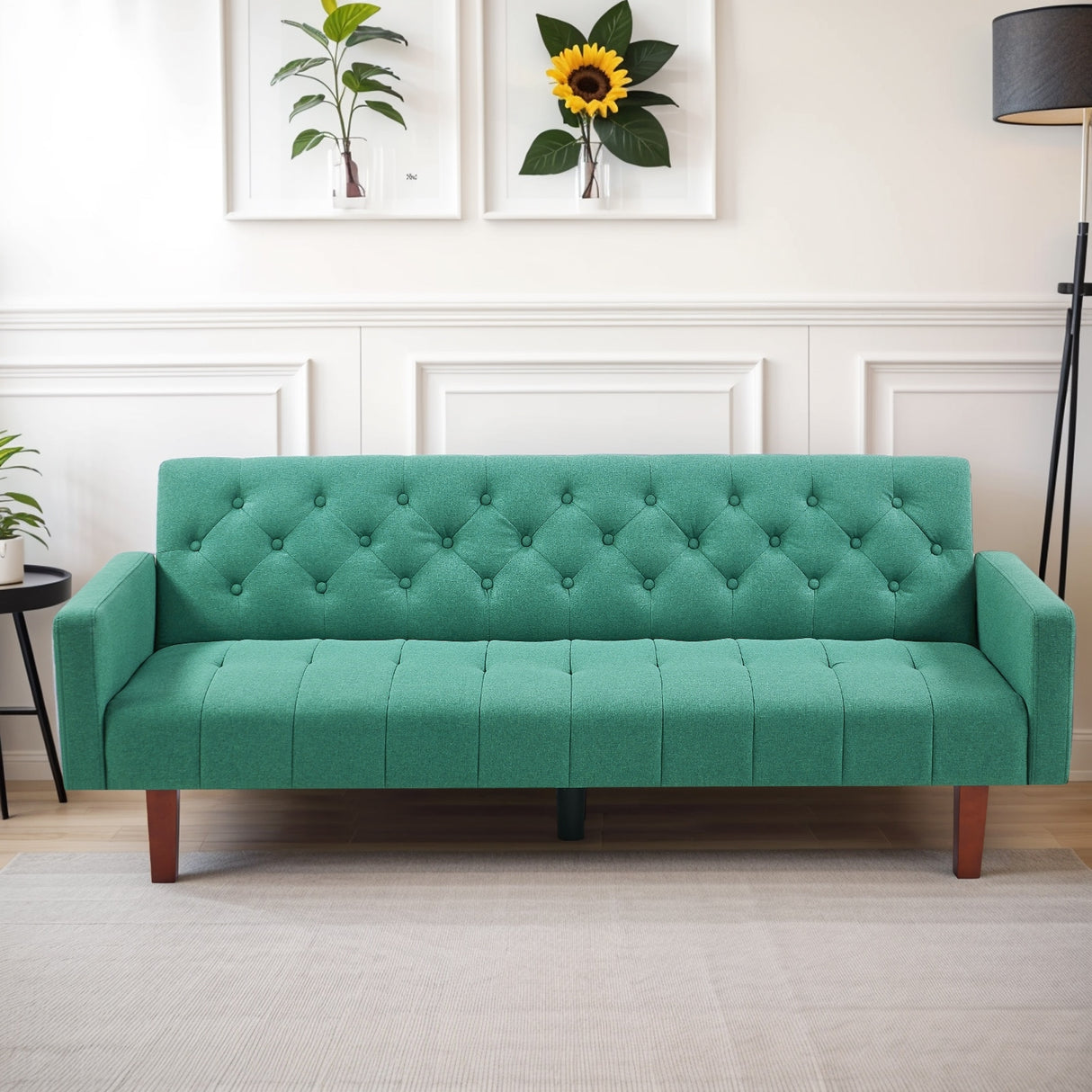 74" Velvet Futon Sofa Bed, Adjustable Backrest Convertible Loveseat Sleeper Couch with Tapered Wood Legs for Small Space