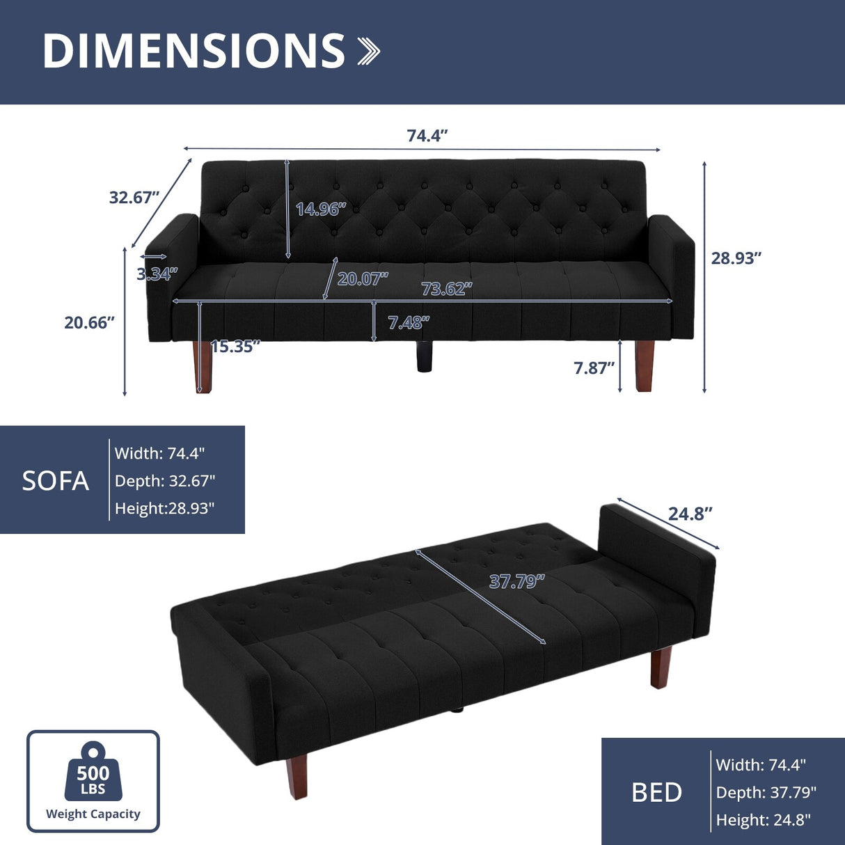 74" Velvet Futon Sofa Bed, Adjustable Backrest Convertible Loveseat Sleeper Couch with Tapered Wood Legs for Small Space