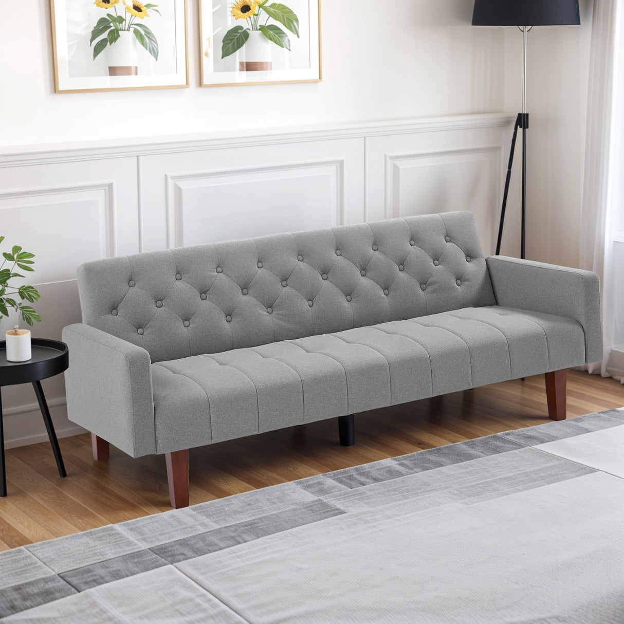 74" Velvet Futon Sofa Bed, Adjustable Backrest Convertible Loveseat Sleeper Couch with Tapered Wood Legs for Small Space